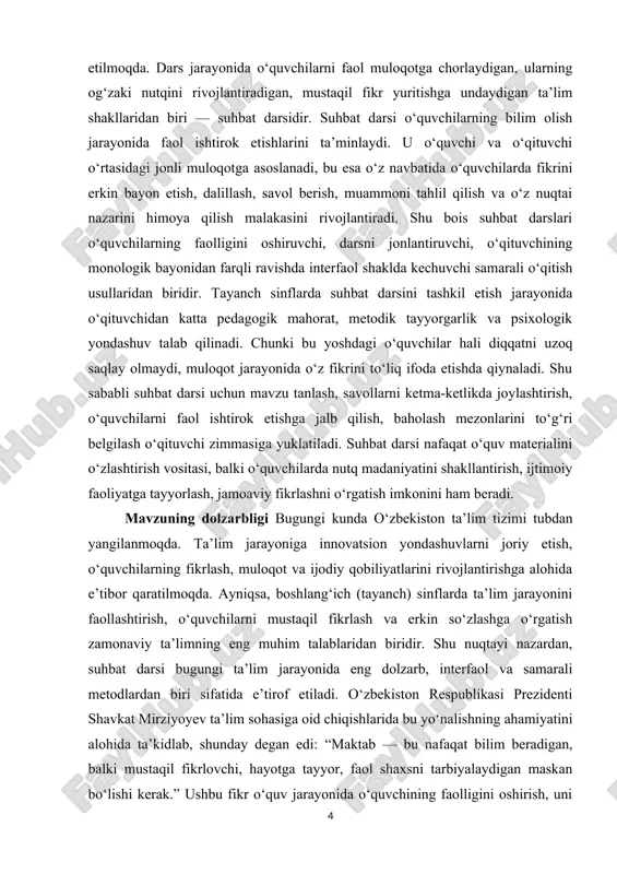 arda bola shaxsining asosi, dunyoqarashi va nutq madaniyati shakllanadi. suhbat darslari esa bu jarayonning tabiiy va samarali shakli sifatida o‘quvchini muloqotga, izlanishga va ijodiy fikrlashga yo‘naltiradi. kurs ishining ahamiyati tayanch sinflarda suhbat darsini tashkil etishning ahamiyati juda katta bo‘lib, u o‘quvchilarning shaxs sifatida shakllanishi, muloqot ko‘nikmalarining rivojlanishi va nutq madaniyatining mustahkamlanishida muhim rol o‘ynaydi. kichik yoshdagi o‘quvchilar hali atrof-muhitni to‘liq anglab yetmagan, o‘z fikrini to‘liq bayon etish, so‘z boyligidan to‘g‘ri foydalanish va o‘zaro muloqotda faol bo‘lish jihatidan rivojlanish bosqichida bo‘ladilar. shu sababli suhbat darslari ularda fikrlash, tinglash, savol berish va javob qaytarish madaniyatini shakllantirishning eng samarali vositalaridan biri hisoblanadi. bunday darslarda o‘qituvchi o‘quvchilar bilan ochiq muloqot olib boradi, ularning fikrlarini eshitadi, muhokama orqali to‘g‘ri yo‘naltiradi va har bir bolaning faol ishtirokini ta’minlaydi. bu esa bolalarda o‘z fikrini erkin ifoda etish, boshqalarning fikriga hurmat bilan qarash, o‘zaro hamkorlikda ishlash ko‘nikmalarini rivojlantiradi. suhbat darslari, ayniqsa, tayanch sinf o‘quvchilarida mustaqil fikrlash va og‘zaki …