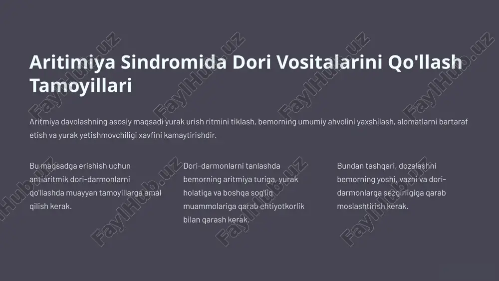 k urish ritmining o'zgarishi holter monitoringi uzoq muddatli yurak urish ritmini kuzatish yurak echograiyasi yurak tuzilishini va funktsiyasini baholash 9 1. antiarrhythmik dori: amiodaron - tuzilishi: amiodaron — 2-butil-4-(p-dibromobenzil)-3-dodecyl-1-(2-hydroxy-ethyl)-1h-piridazin-6-one. u kardiomiyositlarda faoliyatini kuchaytiradi va yurak ritmini tiklashda yordam beradi. 2. beta-blokator: metoprolol - tuzilishi: metoprolol — 1-(isopropylamino)-3-(p-(2-methoxyethyl)phenoxy)-2-propanol. u yurakning beta-reseptorlariga ta’sir etib, ritmni normallashtiradi va ishemik kasalliklarni kamaytiradi. 3. kaliy kanali blokatori: sotalol - tuzilishi: sotalol — 4-[(2-amino-2-(p-hidroxifenil)etil)aminometil]-1,3-benzendiyodiy kislotasi. u kardiomiyositlarda kaliy oqimlarini to'sib, ritm barqarorligini ta’minlaydi. 4. kaltsiy kanali blokatori: diltiazem - tuzilishi: diltiazem — (2e)-n-methyl-3-(2-nitrofenil)(metil)amino prop-2-enoil] (1,3-benzodiyazepin). u kaltsiy oqimlarini boshqarib, yurak mushaklarini tinchlantiradi va yurak ritmini boshqaradi. aritmiya sindromida dori vositalarni ratsional qo’llash xulosa va tavsiyalar 1 dori-darmon tanlash aritmiya sindromida dori-darmonlarni qo'llash bemorlarning umumiy ahvolini yaxshilash va yurak urish ritmini tartibga solish uchun muhim ahamiyatga ega. dori-darmonlarni tanlashda bemorning aritmiya turiga, yurak holatiga va boshqa sog'liq muammolariga e'tibor berish kerak. 2 qo'llash bo'yicha ko'rsatmalar shifokorning ko'rsatmasiga …