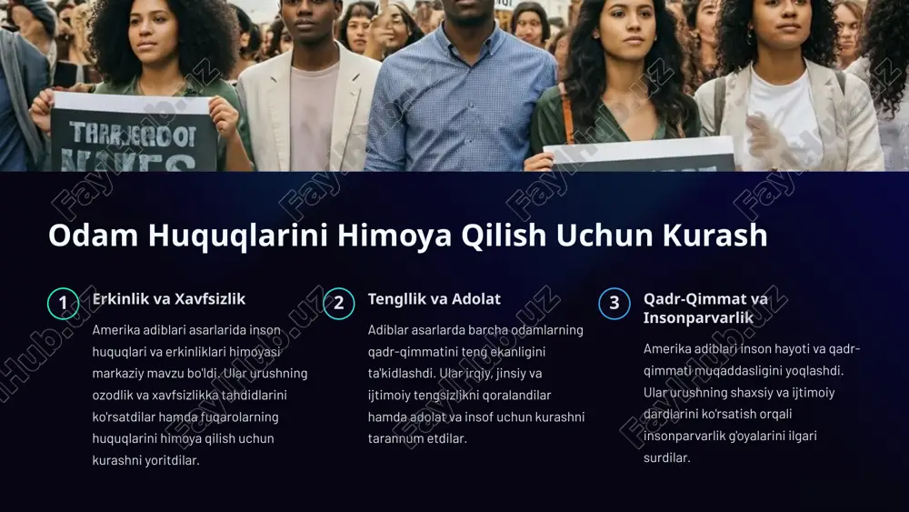 , urushning yovuz oqibatlarini bartaraf etishga chaqirdilar. 9 xulosa ikkinchi jahon urushi mavzusi amerika adabiyotining etakchi yo'nalishlaridan biri bo'ldi. bu davrning yozuvchilari urushning jaholat, zo'rlik, yovuzlik kabi salbiy taraflarini ko'rsatish bilan birga, inson huquqlari, tinchlik, hamjihatlik hamda insoniyatni yaxshilash yo'lidagi kurashni ham yoritdilar. ular urushning insoniy oqibatlarini, qurbonlar taqdirini tahlil qilish orqali chuqur umuminsoniy masalalarni ko'tarib chiqdilar. shu bilan birga, asarlarida umid, jangovarlik va yangilanish g'oyalarini tarannum etdilar. bularning barchasi amerika adiblari ijodi orqali ikkinchi jahon urushi mavzusining yetakchi ahamiyatini aks ettirdi. 10 image1.png image2.png image3.png image4.png image5.png image6.png image7.png image8.png image9.png image10.png image11.png image12.png image13.png image14.png image15.png image16.png image17.png image18.png image19.png image20.png