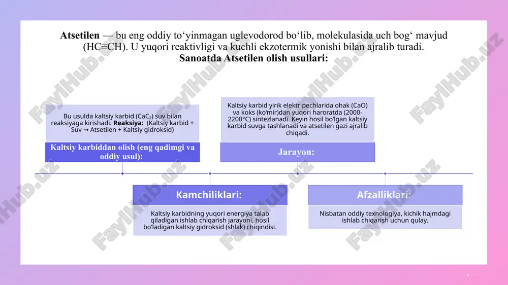 qichlari: 12 1 boshlanish: fenol + formaldegid → ko‘p sonli gidroksimetilfenollar. 2 zanjir o‘sishi va qattiqlashish (curing): gidroksimetilfenollar o‘rtasidagi kondensatsiya → uch o‘lchamli to‘rsimon rezol polimeri. 13 reaksiya bosqichlari: 13 fenolformaldegid smolasining sanoatdagi qo‘llanilishi: fenolformaldegid smolalari o‘zining yuqori issiqlikka chidamliligi, mexanik mustahkamligi, elektr izolyatsiya xususiyatlari va kimyoviy barqarorligi tufayli keng qo‘llaniladi: qoliplash materiallari: elektr asbob-uskunalari korpuslari, rozetkalar, kalitlar, idish-tovoq tutqichlari (bakelit) ishlab chiqarish. yelimlar va bog‘lovchilar: kontrplak, dkp (dsp), mdf kabi yog‘och-kompozit materiallar ishlab chiqarishda bog‘lovchi vosita sifatida. shuningdek, qum qoliplari (quyish sanoatida) va silliqlash g‘ildiraklarini bog‘lashda. laminatlar: yuqori bosimli laminatlar (masalan, formica, tekstolit) ishlab chiqarishda qog‘oz yoki mato qatlamlarini biriktirish uchun. qoplamalar: korroziyaga va kimyoviy moddalarga chidamli qoplamalar. tormoz prokladkalari va ishqalanish materiallari: avtomobil sanoatida tormoz prokladkalari va muftalar ishlab chiqarishda. izolyatsiya materiallari: issiqlik va ovoz izolyatsiyasida (masalan, shisha tolali izolyatsiya uchun bog‘lovchi). xulosa ushbu taqdimotda atsetilen va fenolformaldegid smolalarining sanoat miqyosida sintezi jarayonlari hamda ularning kimyoviy va fizik …