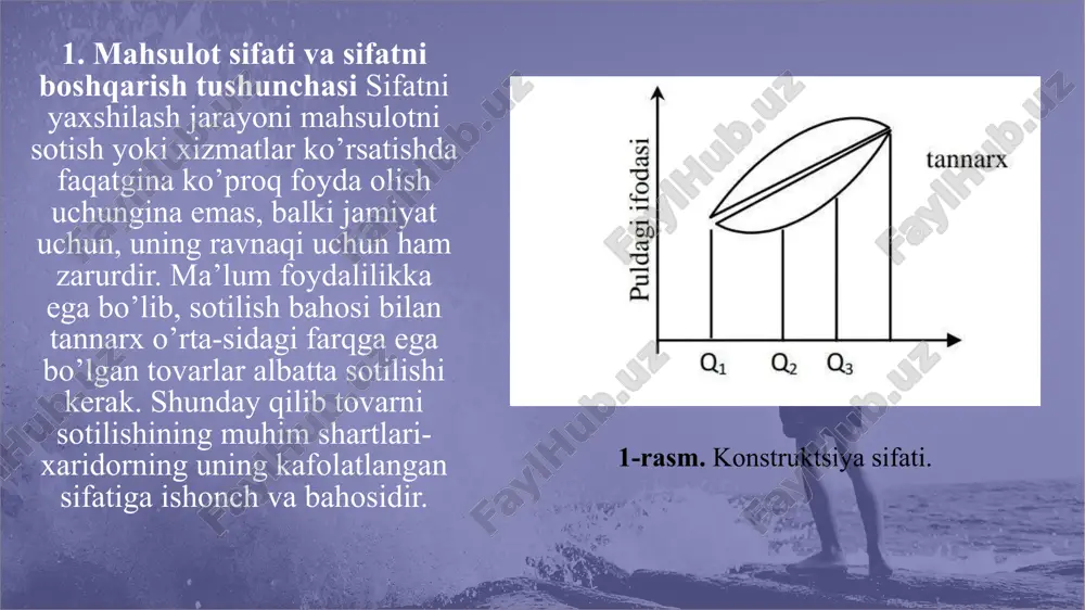 usiyatlari miqdoriy hamda sifat jihatdan tavsiflanishi mumkin. sifat tavsiflari-bular, masalan, mahsulotning zamonaviy moda yo’nalishiga, dizaynga, ranglarga mos kelishi va boshqalar bo’lishi mumkin. mahsulotning bir yoki bir necha xossa xususiyatlarining miqdoriy tavsifiga sifat ko’rsatkichi deyiladi. sifat ko’rsatkichlarini tanlash – mahsulot sifati tarkibiga kiruvchi va uning sifati darajasini baholashga imkon beruvchi mahsulot xususiyatlari miqdoriy tavsifining nomlarini aniqlashdir. sifat ko’rsatkichlarining nomlarini tanlashni asoslab berish quyidagilarni hisobga olgan holda amalga oshiriladi: mahsulotdan foydalanish shartlari va nima maqsadda ishlab chiqarilganligi; iste’molchi talablarining tahlili; mahsulot sifatini boshqarish masalalari; tavsiflanayotgan xususiyatlarning tarkibi va strukturasi; sifat ko’rsatkichlariga nisbatan qo’yilgan asosiy talablar tavisflovchi xususiyatlariga ko’ra birlik kompleks ifodalanish usuliga ko’ra natural birliklaridagi qiymat birliklaridagi sifat darajasini baholashga ko’ra baza nisbiy bosqichlariga ko’ra bashorat etilayotgan ishlab chiqarish ekspluatatsiya sifat ko’rsatkichlari 14 15 ma’naviy eskirish ko’rsatkichi moda yo’nalishlari o’zgarishi, mavsum o’zgarishi yoki yangi sifatli mahsulotning yaratilishi bilan mahsulotni ma’naviy eskrishini ko’rsatadi. yondosh ijtimoiy samaralar ko’rsatkichilari deb mazkur guruh tovarlarini ommaviy ishlab …
