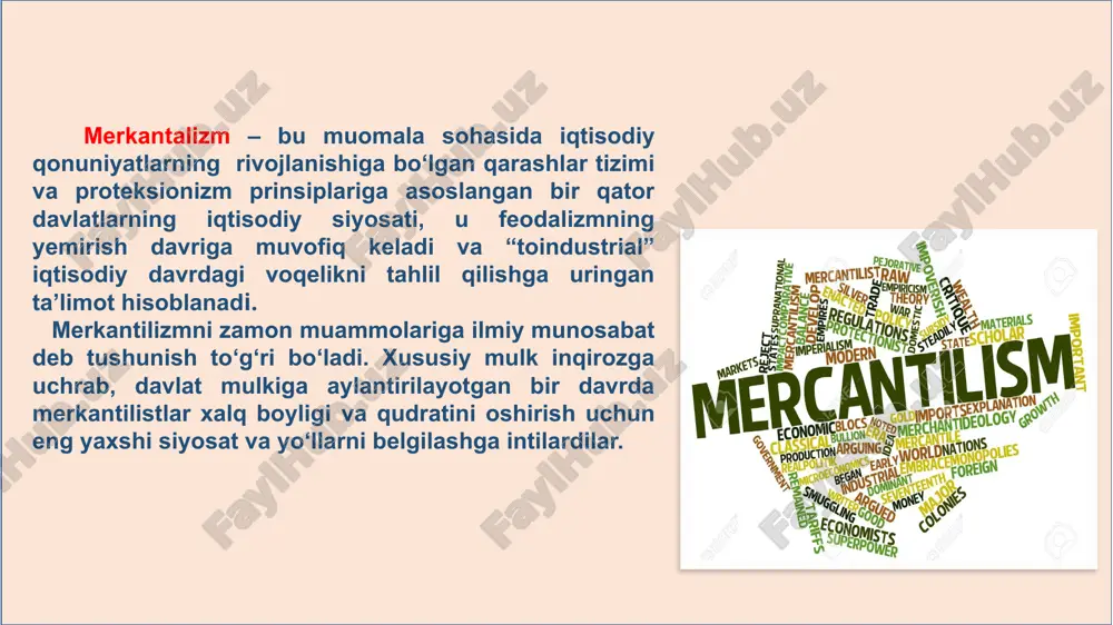 71–1729.) hisoblanadi. j.lo kredit-bank tizimi, shuningdek, qog‘ozpul muomalasi va birja chayqovchiligi asoschilardan biri hisoblanad 3.dastlabki va keyingi merkantilizmning o’ziga xosligi va farqlari 4. o’zbek allomalarining merkantilizm ta’limotiga oid fikrlari o’ zbek allomalarining merkantilistlar fikrlari bilan oxshash iqtisodiy fikrlari bormi o‘zbek allomalari orasida iqtisodiy fikrlar haqida yozgan mutafakkirlar ko‘p bo‘lgan. garchi ular merkantilizm davridan ancha oldin yashagan bo‘lsalar-da, ularning ba’zi g‘oyalari merkantilistlar fikrlari bilan ma’lum darajada o‘xshashlikka ega. quyida bunday o‘xshashliklarni tahlil qilamiz 1. narx va savdo nazariyalari: o‘zbek allomalarining iqtisodiy fikrlari ko‘pincha savdo va narxlarning muvozanati masalalariga qaratilgan. al-farg‘oniy va beruniy kabi olimlar iqtisodiy resurslar muvozanatini o‘rganib, boylik manbalarini ilmiy asosda tushuntirishgan. masalan, beruniy "mineralogiya" asarida boylik va qimmatbaho metallar haqida yozadi. bu oltin va kumushni davlat boyligi sifatida ko‘rgan merkantilistlar fikri bilan o‘xshashdir. ularning fikricha, iqtisodiy boylik asosan yer boyliklarini samarali boshqarish va adolatli savdo orqali oshirilishi kerak. 2. davlatning iqtisodiy boshqaruvdagi roli: amir temur o‘zining "temur tuzuklari" asarida …