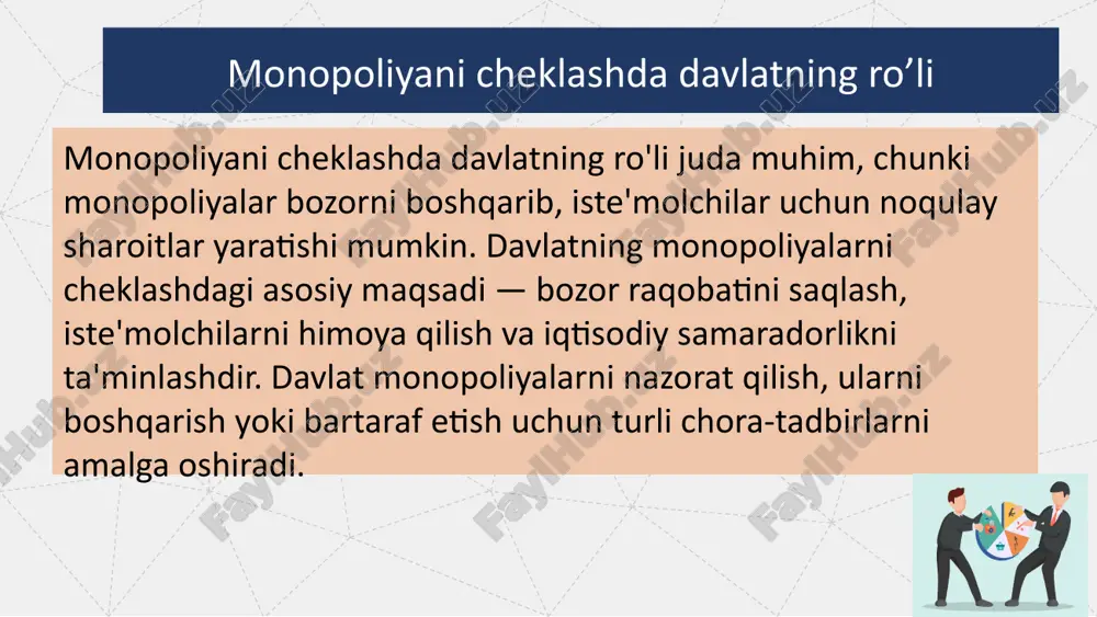 ompaniyalarni bozorga kirishdan cheklash 7. raqobatni rivojlantirish uchun davlat nima qilishi kerak? a) monopolistlarga imtiyozlar berish b) yangi kompaniyalar uchun bozorga kirish to'siqlarini kamaytirish c) yangi monopoliyalarni tashkil etish d) bozorda faqat bir kompaniyani qo'llab-quvvatlash 8. monopoliyaning bozorga ta'siri nima bo'lishi mumkin? a) narxlarning pasayishi va sifatning oshishi b) narxlarning oshishi va sifatning pasayishi c) raqobatning kuchayishi d) bozorning samarali ishlashi 9. monopoliyani cheklashda davlat qanday iqtisodiy chora-tadbirlarni qo'llashi mumkin? a) kompaniyalarni birlashtirish b) soliqlarni oshirish va subsidiya siyosatini joriy etish c) barcha bozorlarni davlat tomonidan boshqarish d) faqat monopolistlarga qo'shimcha yordam ko'rsatish 10. monopoliyani cheklashda davlatning iste'molchilarni himoya qilishdagi roli nima? a) iste'molchilarga yuqori narxlarni to'lashga majbur qilish b) narxlarning sun'iy oshishiga yo'l qo'ymaslik c) bozorda faqat davlat monopoliyasini yaratish d) bozorni to'liq yopish 5.monopoliyani cheklashda eng muhim qarorlar kim tomonidan qabul qilinadi? a) iste'molchilar tomonidan. b) yirik korxonalar va kompaniyalar tomonidan. c) davlat hokimiyati va tegishli regulator organlari …