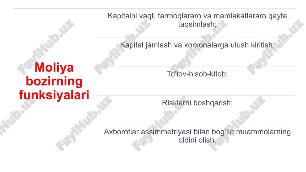 ishi; moliyaviy instrumentlarning real bazis bilan ta’minlanganligi va shu asosda iqtisodiyot va moliya bozorini ekvivalentligi; jamiyatning mentaliteti va tanlab olgan rivojlanish modeli; makro- va mikroiqtisodiy barqarorlik; tashqi kuchlar va hodisalarning bozorga ta’siri va boshqalar. moliya bozorining iqtisodiyotdagi ahamiyati - iqtisodiyotning real sektoriga investitsion moliya resurslarni samarali jalb qilinishi; - kapitalni samarasiz tarmoqdan samaralisiga qayta taqsimlanishi; - davlat byudjetiga hizmat ko’rsatishi, uning kamomatini (defitsitini) qoplash uchun pul mablag’larini samarali jalb qilinishi; - iqtisodiyotning holatini aniq bozor indikatorlari yordamida baholanishi; - inflyatsiya sur’atlari (templari) va valyuta kurslari o’zgarishiga operativ ta’sir ko’rsatilishi; - davlatning kredit-pul va byudjet-soliq siyosatini ob’ektiv va mutanosiblikda olib borilishi; - mulkka egalik xuquqini ishlab chiqarish vositalariga qayta taqsimlanishi;- jahon globallashuvi jarayonlariga milliy iqtisodiyotni integrallashuvi. moliya bozorining mahsus funktsiyalari - moliyaviy resurslarni taqsimlash va qayta taqsimlash funktsiyasi. uni o’z navbatida to’rt kichik funktsiyaga ajratish mumkin: 1) moliyaviy resurslarni tarmoqlar va bozor faoliyati sohalari (sferalari) o’rtasida taqsimlash va qayta taqsimlash; 2) …