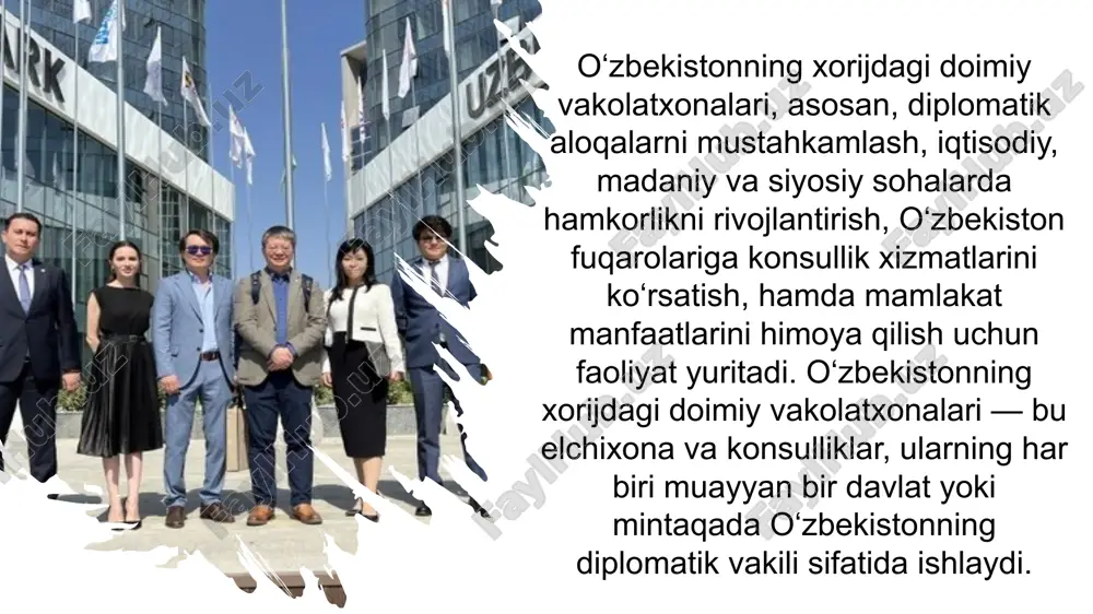 doirasida moliyalashtiradi. oʻzbekiston respublikasining rossiya federatsiyasidagi elchixonasi — oʻzbekistonning rossiyadagi rasmiy diplomatik vakolatxonasi boʻlib, moskva shahridagi yakimanka tumanidagi, pogorelskiy tor koʻchasida joylashgan. 2016-yil noyabr oyida elchixona yonidagi bolshaya polyanka koʻchasi va 1-kazachi koʻchasi (elchixona mehmon uyi roʻparasi) oʻrtasidagi maydon oʻzbekistonning birinchi prezidenti islom karimov (1990—2016) sharafiga islom karimov maydoni deb nomlandi. 2018-yil oktabr oyidan buyon oʻzbekiston respublikasining rossiya federatsiyasidagi favqulodda va muxtor elchisi botirjon zakirovich asadov etib tayinlandi. shuningdek oʻzbekiston respublikasining rossiya federatsiyasida konsullik idoralari mavjud. oʻzbekiston respublikasining rossiya federatsiyasidagi elchixonasi xususan: oʻzbekistonning moskva shahridagi elchixonasi konsullik boʻlimi (markaziy federal okrug); oʻzbekiston respublikasining sankt-peterburg shahridagi bosh konsulligi (shimoli-gʻarbiy federal okrug): oʻzbekiston respublikasining qozon shahridagi bosh konsulligi (volga federal okrugi); oʻzbekiston respublikasining rostov-don shahridagi bosh konsulligi (shimoliy kavkaz va janubiy federal okrugi); oʻzbekiston respublikasining yekaterinburg shahridagi bosh konsulligi (ural federal okrugi); oʻzbekiston respublikasining novosibirsk shahridagi bosh konsulligi (sibir federal okrugi); oʻzbekiston respublikasining vladivostok shahridagi bosh konsullik idorasi (uzoq sharq federal okrugi). …