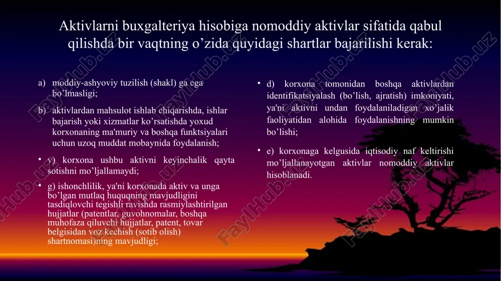 tandartlari. nomoddiy aktivlarni hisobga olish bo`yicha dastlabki hujjatlar. 2. nomoddiy aktivlar harakati bilan bo g`liq muomalalar auditi tekshiruv jarayonida nomoddiy aktivlarni sotib olish bilan bog`liq muomalalar buxgalteriya hisobiga doir me'yoriy hujjatlar va soliqqa tortishga doir qonunchilik talablariga muvofiq hisobga olinganligi aniqlanadi. nomoddiy aktivlar kirimiga doir muomalalarni hisobda aks ettirish uslubi ularning olinish manbalariga bog`liq. agar nomoddiy aktivlar pul o`tkazish yo`li bilan sotib olinsa yoki subyektning o`zida yaratilsa, 21-son bhms34 ga muvofiq, 0830 - «nomoddiy aktivlarni sotib olish» schyoti qo`llaniladi. nomoddiy aktivlar inventar qiymatiga qo`shiladigan xarajatlar tarkibi, ularning mazkur obyektni yaratishga aloqadorligi tekshiriladi. 9220 - «boshqa aktivlarning chiqimi» schyotida aks ettiriladi. aniqlangan moliyaviy natija, agar zarar ko`rilsa: debet 9430 - «boshqa operatsion xarajatlar», kredit 9220 - «boshqa aktivlarning chiqimi». agar foyda olinsa: debet 9220 - «boshqa aktivlarning chiqimi», kredit 9320 - «boshqa aktivlarning chiqimidan olingan foyda» buxgalteriya o`tkazmalari bilan aks ettiriladi. sanoat namunalari va kashfiyot huquqlarini sotib olish patentlar, guvohnomalar bilan …
