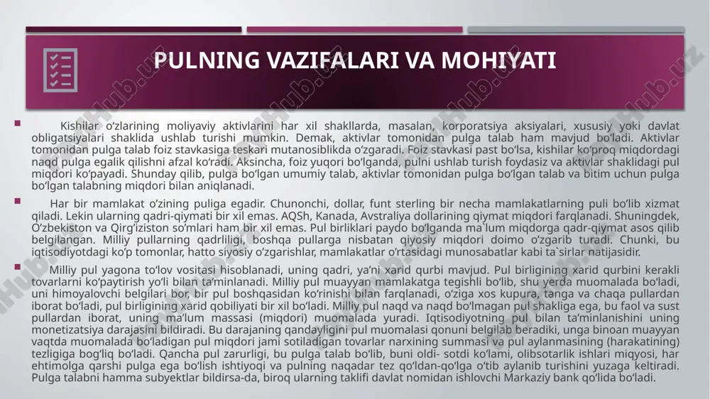ab beradiki, unga binoan muayyan vaqtda muomalada bo‘ladigan pul miqdori jami sotiladigan tovarlar narxining summasi va pul aylanmasining (harakatining) tezligiga bog‘liq bo‘ladi. qancha pul zarurligi, bu pulga talab bo‘lib, buni oldi- sotdi ko‘lami, olibsotarlik ishlari miqyosi, har ehtimolga qarshi pulga ega bo‘lish ishtiyoqi va pulning naqadar tez qo‘ldan-qo‘lga o‘tib aylanib turishini yuzaga keltiradi. pulga talabni hamma subyektlar bildirsa-da, biroq ularning taklifi davlat nomidan ishlovchi markaziy bank qo‘lida bo‘ladi. pulning vazifalari va mohiyati 4 pul quyidagi vazifalarni bajaradi qiymat o‘lchovi. bunda pul umumiy ekvivalent bo‘lgan tovar bo‘lib, o‘zida mehnatni mujassamlashtiradi va shu sabab tovar qiymatini o‘lchay oladi; jamg‘arma vositasi – bu pulning jamlangan boylik shakliga kirib, o‘z egasi uchun kerak bo‘lganda xarid etish vositasi bo‘lib xizmat qila olishidir. muomala vositasi. bunda pul oldi-sotdida ishlatiladi. pul yordamida tovarni xarid etish, pulga tovar ayirboshlash yuz beradi; 5 deflyatsiya – muomaladagi pul miqdorini ortiqcha pul belgilarini iste’moldan chiqarish yo‘li orqali kamaytirish; denominatsiya – pul …