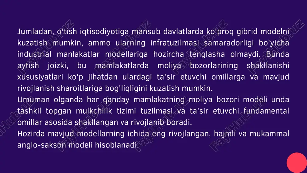 real sektorni moliyalashtirish va hokazolar farqlanadi. bunday sharoitlarda industrial mamlakatlarning moliya bozorlari ochiqligi, yuqori darajada rivojlanganligi, globalligi bilan xarakterlanadi. rivojlanayotgan mamlakatlarning moliya bozorlari esa rivojlanishning tez sur'atlariga erishgan bo’lsalarda, rivojlangan mamlakatlarning bozorlariga ochiqligi va globalligi bo'yicha nisbatan pastroq pog'onada turadilar. bunga sabab, rivojlanayotgan mamiakatlarning yuqorida ko'rsatilgan rivojlanishi xususiyatlari va sharoitlaridir. ko'p ukladli iqtisodiyotga xos moliya bozori modeli. har qanday mamlakat iqtisodiyotida yuqorida keltirilgan modellarning elementlari (unsurlari) mavjud bo’lib, ular moliya bozorining roli va funksiyalarini ma'lum darajada cheklashi yoki kengaytirishi mumkin. masala shundaki, qanday model qaysi mamlakatda ustuvorlik qiladi. iqtisodiyotning ko'p ukladliligi ayniqsa o'tish iqtisodiyotiga mansub mamlakatlarda (masalan, markaziy va sharqiy yevropa va mdh mamlakatlarida, mongoliya, xitoy va jumladan o'zbekistonda) namoyon bolgan. bu mamlakatlarning iqtisodiyotlari va moliya bozorlari modellarini o'tish davri sharoitlarida bir xil bo’lishi mumkin emasligi aniq. iqtisodiy modellari eklektikdir. bunga sabab, ularda o'tish davri bilan bog'liq ko'p muammolar hanuzgacha mavjudligi. masalan, mulkchilik tuzilmasini shakllanishi, siyosiy va ideologik o'zgarishlarni nihoyasiga …