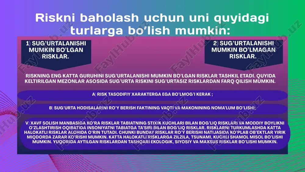 ng turidir. u tibbiy yordam ko’rsatishni kafolatlaydi, shuningdek, sug’urta shartnomasida ko’rsatilgan hodisalar sodir bo’lgan taqdirda uning to’lanishini kafolatlaydi: odatda, bular sirasiga shoshilinch stomatologik va jarrohlik xizmatlari, shuningdek, shifokor konsul tatsiyalari kiradi. majburiy tibbiy sug’urta - bu sug’urta hodisasi yuz bergan taqdirda shaxsning bepul tibbiy yordam olishi uchun davlat tomonidan yaratilgan chora-tadbirlar tizimidir. majburiy tibbiy sug’urta holatida sug’urtalovchining mablag’lari mavjudligidan qat'i nazar, sug’urtalangan shaxsning huquqlariga rioya etilishini davlat kafolatlaydi. xarajatlarni qoplash uchun mablag’lar majburiy tibbiy sug’urta badallaridan olinadi, bu maqsadda davlat byudjeti mablag’lari sarflanmaydi. ixtiyoriy tibbiy sug’urta - bu shaxsiy sug’urta bo’lib, unda har bir shaxs qaysi kompaniyada sug’urtani rasmiylashtirishni va shartnomada qaysi xizmatlar ro’yxatini ko’rsatib o’tishni o’zi hal qiladi. aksariyat mamlakatlarda sug’urta kompaniyalari cheklangan miqdordagi xizmatlarni o’z ichiga olgan standart polisni yoki individual polisni taklif qilishlari mumkin - u mijozning xohish-istaklari va sog’lig’i ko’rsatkichlarini hisobga olgan holda tuziladi. sug’urta polisida ko’rsatilgan tibbiy xizmatlarning xarajatlari mijozning to’lovlari hisobidan qoplanadi. sug’urtalanuvchining hayoti, …