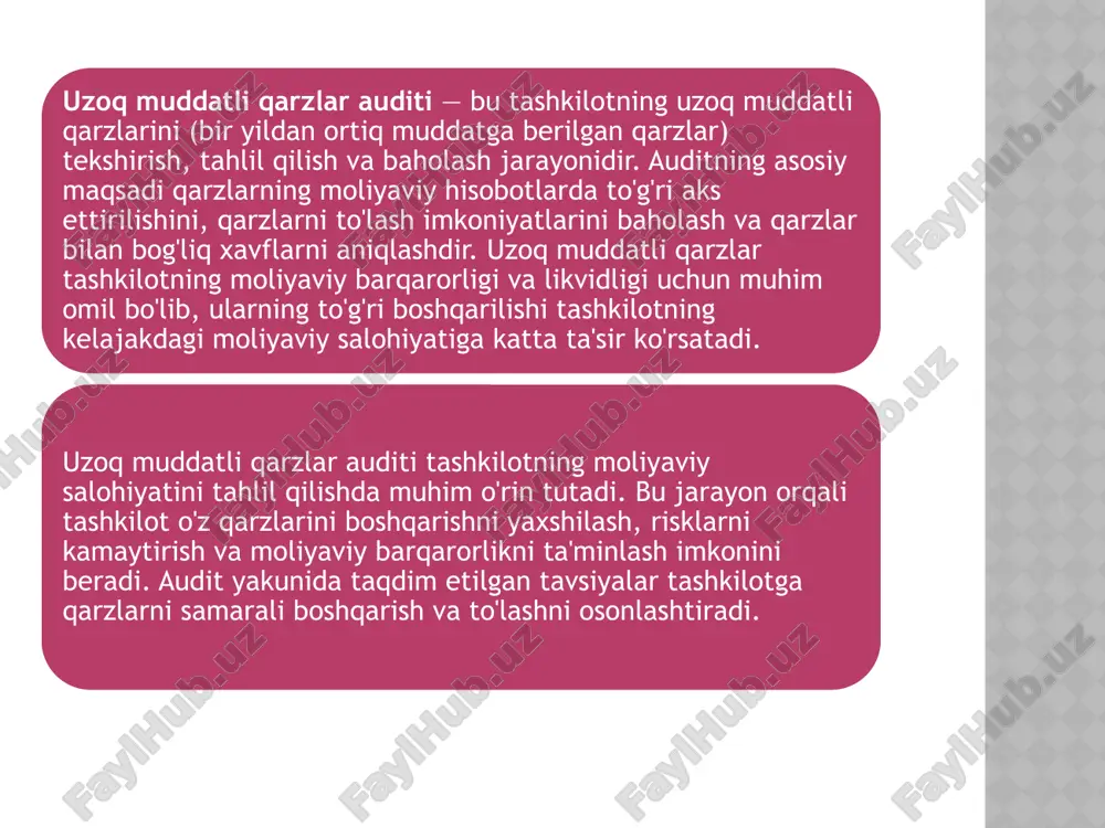 tirish. qarzdorliklarning moliyaviy ko‘rsatkichlarga ta’sirini baholash (masalan, likvidlik va qarz/kapital nisbatlari). hisoblangan foiz xarajatlar auditi qarzdorlikka tegishli foiz xarajatlari to‘g‘ri hisoblanganmi? foiz xarajatlari moliyaviy hisobotlarda to‘g‘ri aks ettirilganmi? kredit shartlariga ko‘ra foizlar va asosiy qarzning ajratilishi. xatolarni aniqlash va tuzatish moliyaviy hisobotlarda uchraydigan keng tarqalgan xatolar. kredit yoki obligatsiya shartlarining noto‘g‘ri aks ettirilishi. noto‘g‘ri foiz hisob-kitoblari va ularni tuzatish. xalqaro va milliy standartlar ifrs 9: moliyaviy vositalarni hisobga olish va baholash bo‘yicha standartlar. milliy audit standartlari (mas): audit jarayonlarining sifatini ta’minlash uchun qo‘llaniladigan qoidalar. risklarni baholash likvidlik riski: kompaniyaning qarzlarini o‘z vaqtida to‘lay olmaslik ehtimoli. moliyaviy barqarorlik riski: uzoq muddatli qarzdorlikning kompaniya kapitaliga salbiy ta’siri 17 amaliy misollar 2017 yilda tesla 1,8 milliard dollarlik obligatsiyalar chiqardi, muddati 2025 yilgacha belgilandi. muammo: 2020 yilda auditorlar: 1. foiz xarajatlarining noto‘g‘ri hisob-kitobini aniqladi. 2. obligatsiyalar yuqori riskli deb baholangani sababli kompaniya likvidlik xatariga uchradi. natija: auditorlar foiz hisob-kitoblaridagi xatolarni tuzatishni va hisobotlarni ifrs …