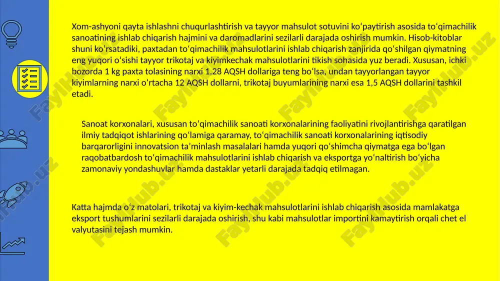 an salohiyat mavjudligidan dalolat beradi. shuningdek, toʻqimachilik korxonalarini toʻliq tahlil qilish, ularda mavjud ammo hali foydalanilmagan imkoniyatlarni aniqlash yuqori qoʻshimcha qiymatga ega mahsulotlarni ishlab chiqarish jarayonini tashkil etish uchun muhimdir. ushbu tahlil shaklining afzalligi shundaka, u baʼzi taxminlarga koʻra aniqlangan omillarga miqdoriy (statistik) baho berish imkonini beradi. shuningdek, uning yana bir afzalligi – bu strategik maqsadlarga erishish uchun zaruriy chora-tadbirlar majmuini strategik tahlilning barcha turlari asosida ishlab chiqish hamda toʻgʻridan–toʻgʻri strategiyani shakllantirish boʻlib hisoblanadi. to‘qimachilik sanoati korxonalari samaradorligini oshirish omillari to‘qimachilik sanoati korxonalari samaradorligini oshirishning asosiy omillari quyidagilardan iborat: boshqaruvni takomillashtirish; • korxonani modernizatsiya qilish; • kadrlar malakasini oshirish va tayyorlash va qayta tayyorlash tizimini takomillashtirish; • raqobatbardoshlik darajasini oshirish; • to‘qimachilik mahsulotlarining modeli va dizaynini takomillashtirish; • eksport salohiyatini oshirish. sanoatda raqobat muhiti va mavqeini yaratishga qaratilgan vertikal integratsiya yondashuviga asoslangan to‘qimachilik korxonalari o‘rtasida raqobatning kuchayishi sharoitida to‘qimachilik korxonalarini rivojlantirish strategiyasi. buning uchun quyidagilarni aniqlash kerak: • xarajatlarni kamaytirish …