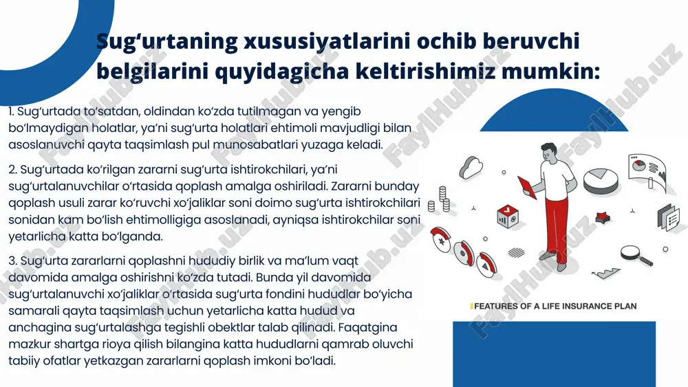 ; 01 mol-mulk; 02 sarmoya; 03 axborot. 04 yuzaga kelish sabablari bo‘yicha risklar quyidagilarga bo‘linadi: tabiiy hodisalardan kelib chiquvchi – suv toshqini, do‘l, yer qimirlashi, epidemiya va sh.k.; ijtimoiy-jamoat muhitdan kelib chiquvchi – aldov, jinoyat, ko‘zda tutilmagan ziyon yetkazish; texnikaviy muhitdan kelib chiquvchi – texnikaviy vositaning ishdan chiqishi; xo‘jalik jarayonlari va iqtisodiyotning holati bilan bevosita bog‘liq bo‘lgan - inflyatsiya, bozor kon’yunkturasi, bank foizi, valyuta kurslari va b. riskka ta’sir etish imkoniyati bo‘yicha: ekzogen (tashqi) risklar, ularga ta’sir etish qaror qabul qiluvchi shaxs ta’siri ostiga tushmaydi va risklarni amalga oshishi natijasida yuzaga keluvchi zararlarni, oqibatlarini kamayishi bilan cheklanadi; endogen (ichki) risklar, qaror qabul qiluvchi shaxs ta’sir doirasida bo‘ladi, qaysiki ular uchun risklarni yuzaga kelish ehtimolligi kamayadi va ayrim hollarda butunlay bo‘lmaydi. iqtisodiy muhitlar uchun xos bo‘lgan risklarning tasnifiy tizimi o‘z tarkibiga guruhlar, toyifalar, turlar, kichik turlar va xillarni oladi. ehtimolli natijasi (riskli hodisa) bo‘yicha risklar quyidagilarga bo‘linadi: haqiqiy risklar – salbiy …