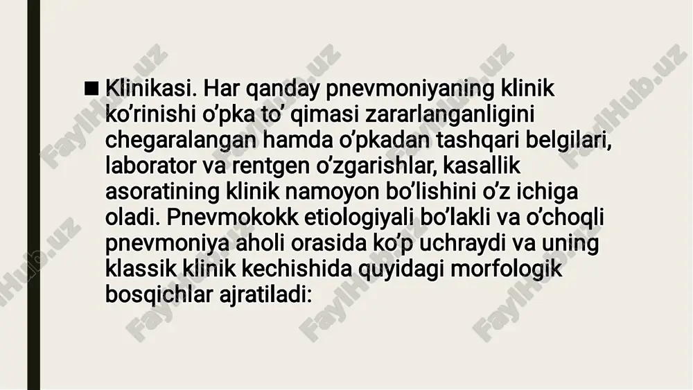 illllaasshhllaarr eesshhiittiillaaddii vvaa oo’’ppkkaanniinngg hhaammmmaa ssoohhaassiinnii � eeggaallllaayyddii..oo’’rrddss nniinngg tteerrmmiinnaall bboossqqiicchhiiddaa oolliigguurriiyyaa,, aannuurriiyyaa,, pprrootteeiinnuurriiyyaa,, mmiikkrrooggeemmaattuurriiyyaa,, mmoocchheevviinnaa,, � kkrreeaattiinniinn oosshhiisshhii,, tteerrii vvaa sshhiilllliiqq qqaavvaattnniinngg bbiirroozz ssaarriiqqlliiggii,, ggiippeerrbbiilliirruubbiinneemmiiyyaa,, aammiinnoottrraannssffeerraazzaa,, llddgg � ffaaoolllliiggiinniinngg oosshhiisshhii,, ssooppoorr,, mmiiyyaaddaa qqoonn aayyllaanniisshhiinniinngg oo’’cchhooqqllii bbuuzziilliisshhllaarrii kkuuzzaattiillaaddii ■■ tteekksshhiirriisshh uussuullllaarrii:: � •• qqoonnddaaggii ggaazz ttaarrkkiibbiinnii ddiinnaammiikkaaddaa aanniiqqllaasshh;; � •• kkoo kkrraakk qqaaffaassii rreennttggeennooggrraafifiyyaassii;; � ttaasshhqqii nnaaffaass ffaaoolliiyyaattiinnii bbaahhoollaasshh;; � •• uummuummiiyy vvaa bbiiookkiimmyyoovviiyy qqoonn,, ssiiyyddiikk ttaahhlliillii;; � eekkgg;; � •• yyuurraakk oo’’nngg bboo’’lliimmiinniinngg kkaatteetteerriizzaattssiiyyaassii.. ■■ kkaassaallxxoonnaaddaann ttaasshhqqaarrii ppnneevvmmoonniiyyaa.. eettiioollooggiiyyaassii.. kkaassaallxxoonnaaddaann ttaasshhqqaarrii ppnneevvmmoonniiyyaannii:: � •• ppnneevvmmookkookkkkllaarr ((ssttrreeppttooccooccccuuss ppnneeuummoonniiaaee)) –– 3300--5500%%;; � ggeemmoofifill ttaayyooqqcchhaassii ((hhaaeemmoopphhiilluuss iinnflfluueennzzaaee)) –– 55--1100%%;; � •• � mmiikkooppllaazzmmaa ((mmyyccooppllaassmmaa sspppp..)) –– 2200--3300%%;; � xxllaammiiddiiyyaa ((cchhllaammyyddiiaa ppnneeuummoonniiaaee)) –– 22--88%%;; � lleeggiioonneellllaa ((lleeggiioonneellllaa sspppp..)) –– 22--1100%%;; � mmoorraakksseellllaa ((mmoorraaxxeellllaa ccaattaarrrraalliiss)) –– 11--22%%;; � vviirruussllaarr –– 22--1155%% vvaa bboosshhqqaa flfloorraallaarr kkeellttiirriibb cchhiiqqaarraaddii.. ■■ ppnneevvmmookkookkkk ggrraammmmuussbbaatt bbaakktteerriiyyaa hhiissoobbllaanniibb,, hhaavvoo-- ttoommcchh