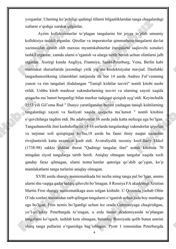 angalar”), rtveladze e.(“ drevnie moneti sredney azii”), g’ulomov ya. “qadimgi madaniyatimiz izlaridan”, ernazarova t., kognev r. “tangalar o’tmish darakchilari”, s.eshonxonov (“numizmatika kolleksiyalari”), g’.olimov (“samoniylar va qoraxoniylar davri tangalari katalogi”), i.tuxliyev (“sharqiy turkiston tangalari”) va boshqalar shular jumlasidan. kurs ishi mavzusining ilmiy hamda amaliy ahamiyati: mamlakatimizdagi nafaqat oliy o’quv yurtlari talabalari, balki umumiy ta’lim maktablari hamda o’rta maxsus ta’lim o’quvchilariga ham tarix darslari davomida numizmatika (tangashunoslik) fanini tushuntirib borish 9 maqsadga muvofiqdir. zero, yer yuzida paydo bo’lgan har qanda davlat bor ekan uning iqtisodiy jihatini, savdo munosabatlarini, qolaversa madaniyatini namoyon qiladigan belgilardan biri bu tanga (pul)dir. vaholangki, agarda davlatda pul birligi bo’lmas ekan, uning yagonaligi, uning yaxlitligi. uning erkin savdo munosabatlarida ishtirok eta olmasligi tabiiydir. ana shu maqsadda jahon tarixi fanlari jarayonida o’qsuvchilar ongiga numizmatika fanidan namunalar o’qitilsa o’quvchilar tafakkurining yanada teranlashishiga sabab bo’ladi. 1-bob. kushon podsholigining tashkil topishi va siyosiy hayoti. 1.1. kushon davlatining tashkil topishi. kushon podsholigi — o’zbek …