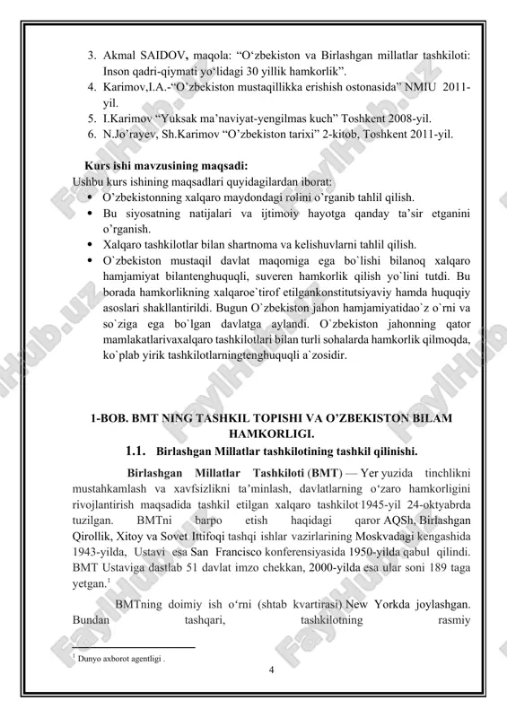 iqtisodiy, ijtimoiy, madaniy muammolarni hal etishda xalqlar oʻrtasida hamkorlik boʻlishini taʼminlashni koʻzda tutib, shu umumiy maqsadlarga erishishda millatlar harakatini uygʻunlashtirib turadigan markaz hisoblanadi. 2000-yil 6—8-sentyabrda bmtning 55-sessiyasi doirasida „mingyillik sammiti“ boʻlib oʻtdi. unda 155 dan ortiq mamlakatning davlat va hukumat boshliqlari ishtirok etdi. mazkur anjumanda umumbashariy ahamiyatga ega boʻlgan ijtimoiy iqtisodiy, ekologiya va xavfsizlikka doir muammolar muhokama qilinib, yangi yuzyillikning dastlabki yillarida amalga oshirilishi moʻljallanayotgan tadbirlar belgilandi. sammit ishtirokchilari yakdillik bilan qabul qilgan deklaratsiyada 2015-yilgacha taʼminlashda, bosh assambleya va bmt boshqa organlari qarorlari amalda bajarilishida yordam beradi. kotibiyat quyidagi departamentlar va boshqarmalarga boʻlinadi: siyosiy masalalar va xavfsizlik kengashi ishlari departamenti, iqtisodiy va ijtimoiy masalalar departamenti, vasiylik va oʻz-oʻzini boshqarmaydigan hududlar departamenti, nazorat boshqarmasi, xodimlar boshqarmasi, bosh kotibning maʼmuriy idorasi, ijtimoiy axborot boshqarmasi, konferensiyalarga xizmat qilish boshqarmasi, umumiy xizmat boshqarmasi, bmtning jeneva boʻlimi. bmt sessiyasi yilda bir marta chaqiriladi. xavfsizlik kengashining yoki bmt aʼzolari koʻpchiligining talabi bilan har qanday masala yuzasidan …