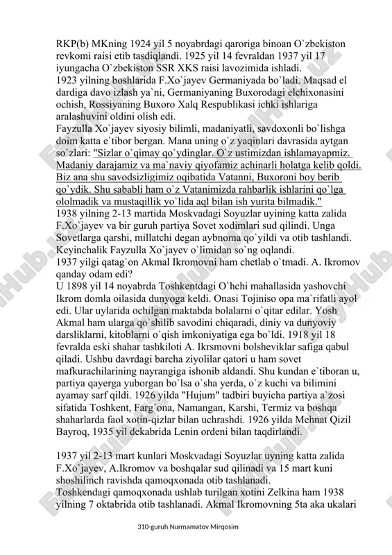 qatag`onlar yo`lini tutdilar. o`zbekistonda qamalmagan biror taniqli shaxs, rahbar, partiya xodimlari qoldirilmadi. ayrimlari yaqqol ko`zga tashlanmaganlar xufiy nazoratga olindi. respublikada birinchi qatag`on qurboni respublika xalq komissarlari soveti raisi fayzulla xo`jayev edi. u 1896 yili buxoroda savdogar millioner oilasida dunyoga kelgan. fayzulla xo`jayev 1922-1924 yillarda buxoro respublikasi mehnat va mudofaa sovetining raisi bo`ldi. 1920 yil 11 sentabrda bkp safiga kirdi. so`ngra buxoro komunistik partiyasi mk tarkibiga ham kiritildi. 1920 yil oktabrda buxoro xalq nozirlari soveti raisi qilib saylandi. rkp(b) mkning 1924 yil 5 noyabrdagi qaroriga binoan o`zbekiston revkomi raisi etib tasdiqlandi. 1925 yil 14 fevraldan 1937 yil 17 iyungacha o`zbekiston ssr xks raisi lavozimida ishladi. 1923 yilning boshlarida f.xo`jayev germaniyada bo`ladi. maqsad el dardiga davo izlash ya`ni, germaniyaning buxorodagi elchixonasini ochish, rossiyaning buxoro xalq respublikasi ichki ishlariga aralashuvini oldini olish edi. fayzulla xo`jayev siyosiy bilimli, madaniyatli, savdoxonli bo`lishga doim katta e`tibor bergan. mana uning o`z yaqinlari davrasida aytgan so`zlari: "sizlar o`qimay …