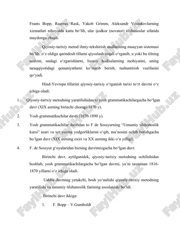y-tarixiy metodning yaratilishi va umumiy tilshunoslik fanining asoslanishi boʻldi. birinchi davr ikkiga: 1. f. bopp – v.gumboldt 2. a.shleyxer – g. shteyntal bosqichlariga boʻlinadi. f.bopp – v.gumboldt bosqichi xix asrning ikkinchi oʻn yilligining oʻrtalaridan toʻrtinchi oʻn yillikning oxirlarigacha boʻlgan vaqtni oʻz ichiga oladi. ushbu davr qiyosiy-tarixiy metodning yaratilishi, ochilishi va umumiy tilshunoslik fanining asoslanishi bilan xarakterlanadi. qiyosiy-tarixiy metodning asoschilari f.bopp, r.rask, ya.grimm hamda a.vostokovlardir. frants bopp (1781-1867) buyuk nemis tilshunosi-sanskrit mutaxassisi, berlin universiteti professori. u 1816 yilda “sanskrit tilining tuslanish sistemasi va uni grek, lotin, fors va german tillaridagi tuslanish sistemasiga qiyoslash” asarini yozdi. f.bopp qayd etilgan tillarda mavjud grammatik shakllarni-tuslanish formalarini qiyoslash asosida ushbu tillar oʻrtasidagi umumiylikni, oʻxshashlikni ochib berdi. u qiyoslash metodi bilan qiyoslanayotgan tillarning dastlabki holatini, koʻrinishini tiklash mumkin, degan fikrni ilgari surdi. shunga koʻra 1816 yil toʻliq maʼnoda qiyosiy-tarixiy tilshunoslikning tugʻilish-yaratilish yili deb eʼtirof qilinadi. f.boppning kashfiyoti, yangiligi nimada? yuqorida aytilganidek, koʻpgina olimlar v.djons, fr.shlegel kabilar …