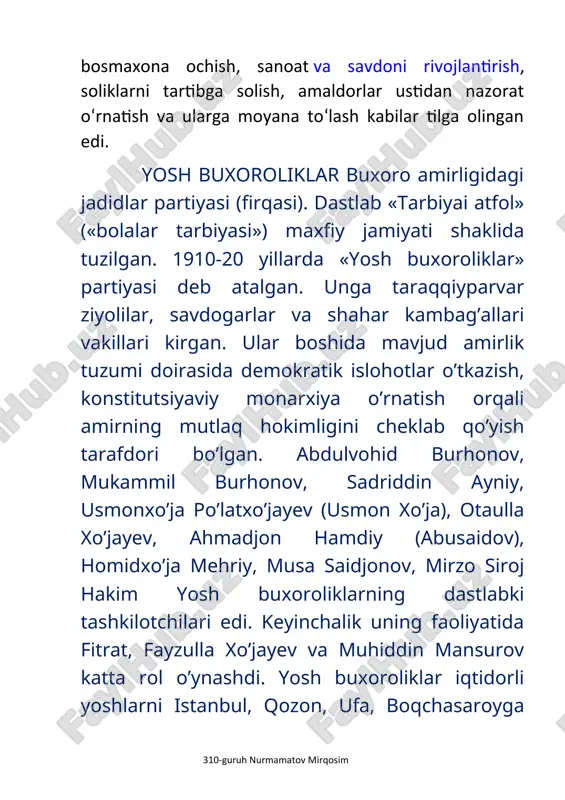 ta’minlash va nashr ishlarini yo’lga qo’yishda muhiddin mansurov va mirzo siroj hakim muhim rol o’ynashdi. biroq 1913 yil yanvarda bu gazetalarning faoliyati rus ma’murlari tomonidan taqiqlab qo’yildi. istanbulda ta’lim olgan ko’plab buxoroliklarning yurtiga kaytishi bilan maorif ishlari yana jonlandi. 1914 yildan boshlab yosh buxoroliklar ma’rifatchilikdan siyosat sohasiga o’tdilar. yosh buxoroliklar amirlik tuzumini isloh qilish to’g’risida dadil fikrlar bilan maydonga chiqishdi. ularning ijtimoiy, siyosiy, ma’rifatparvarlik faoliyati partiya mazmunida endilikda yangicha maqsad va yo’nalish kasb etdi. buxoroda «ma’rifat» kutubxonasi va «barakat shirkati» tuzilib, ular kitoblar nashr qilish va xorijda chiqarilgan turli adabiyotlar, gazeta va jurnallarni buxoroda tarqatish bilan shug’ullanadilar. bu ishlarda a. burhonov, a. hamdiy, mirzo siroj hakim faollik ko’rsatishdi. biroq ularning ma’rifatparvarlik intilishlari avval amir abdulahad, so’ngra uning o’g’li olimxon tomonidan katta qarshilikka uchradi. 1917 yil fevral inqilobi yosh buxoroliklar ichida kuchlar nisbatining qayta guruxlanishini tezlashtirdi. asta-sekin isloh qilish tarafdorlari bo’lgan jadidlarga abdulvohid burhonov, islohot sohasida faol harakatlarni qo’llovchi, nisbatan oz …