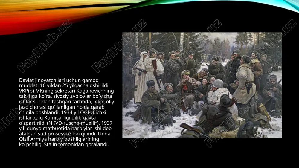 atida vatanni, buxoroni boy berib qo`ydik. shu sababli ham o`z vatanimizda rahbarlik ishlarini qo`lga ololmadik va mustaqillik yo`lida aql bilan ish yurita bilmadik." i.1934 yildan boshlab qatag`onlar partiyaning avvalgidan ham kengroq ko`lamda ya`ni, «fashizm agenti», «kapitalistik burjua davlat tarafdori», «antisovet markaz tashkilotchisi», «ko`poruvchi», «shpion» kabi aybnomalar ostida boshlanib ketdi. bunga mk siyosiy byurosining a`zosi, partiya mk va leningrad shahar komitetining sekretari s.m.kirovning 1934 yilning 1 dekabrida o`ldirilishi bahona bo`ldi. bu ishning shaxsan uyushtiruvchisi stalin edi, ammo bu ishdan xabardor bo`lgan barcha guvohlar yo`qotildi 1938 yilning 2-13 martida moskvadagi soyuzlar uyining katta zalida f.xo`jayev va bir guruh partiya sovet xodimlari sud qilindi. unga sovetlarga qarshi, millatchi degan aybnoma qo`yildi va otib tashlandi. keyinchalik fayzulla xo`jayev o`limidan so`ng oqlandi. 1937 yilgi qatag`on akmal ikromovni ham chetlab o`tmadi. a. ikromov qanday odam edi? sinfiy dushman unsurlar»ga qarshi ishlarni 1929 yildan e`tiboran «uchlik» deb ataluvchi komissiyalar ko`rib chiqa boshladilar. uning tarkibi quyidagicha bo`lar edi: …