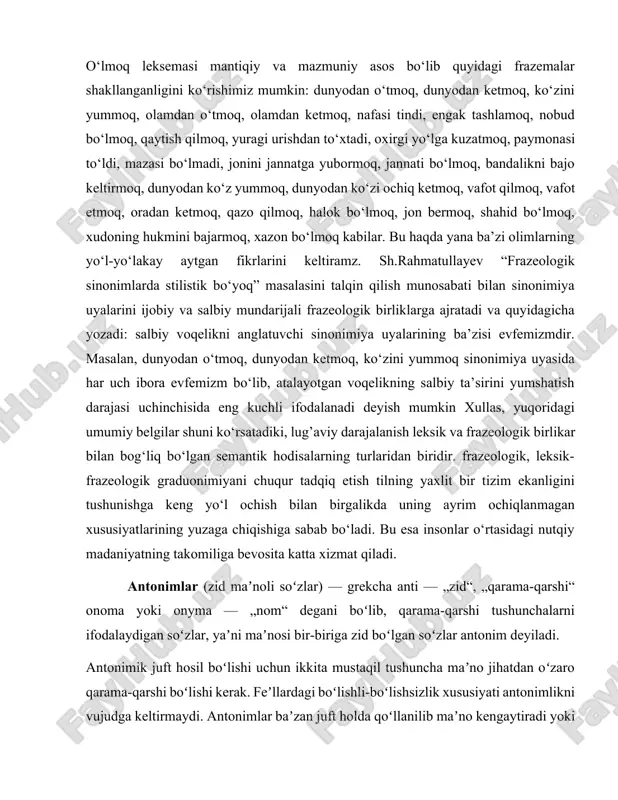 mumkin. bunda frazeologik differentsiatsiya yuz beradi, ya’ni so‘zning ma’no asosi birikmaning shakllanishiga sabab bo‘ladi. boshqacha aytganda, leksemaning ichki bo‘linishi asosida frazeologizmlar shakllanadi. frazeologik differentsiatsiyada bir sememali so‘zning ma’nosi birikma shaklida namoyon bo‘ladi. demak, frazeologik differentsiatsiyada alohida so‘zning ichki bo‘linishi yuz beradi. bunda yangi shakl paydo bo‘ladi ammo ma’no o‘zgarmaydi. masalan, zarar ko‘rmoq frazeologizmining shaklanishi uchun “zararlanmoq” leksemasi mantiqiy asos bo‘ladi. o‘lmoq leksemasi mantiqiy va mazmuniy asos bo‘lib quyidagi frazemalar shakllanganligini ko‘rishimiz mumkin: dunyodan o‘tmoq, dunyodan ketmoq, ko‘zini yummoq, olamdan o‘tmoq, olamdan ketmoq, nafasi tindi, engak tashlamoq, nobud bo‘lmoq, qaytish qilmoq, yuragi urishdan to‘xtadi, oxirgi yo‘lga kuzatmoq, paymonasi to‘ldi, mazasi bo‘lmadi, jonini jannatga yubormoq, jannati bo‘lmoq, bandalikni bajo keltirmoq, dunyodan ko‘z yummoq, dunyodan ko‘zi ochiq ketmoq, vafot qilmoq, vafot etmoq, oradan ketmoq, qazo qilmoq, halok bo‘lmoq, jon bermoq, shahid bo‘lmoq, xudoning hukmini bajarmoq, xazon bo‘lmoq kabilar. bu haqda yana ba’zi olimlarning yo‘l-yo‘lakay aytgan fikrlarini keltiramz. sh.rahmatullayev “frazeologik sinonimlarda stilistik bo‘yoq” masalasini …