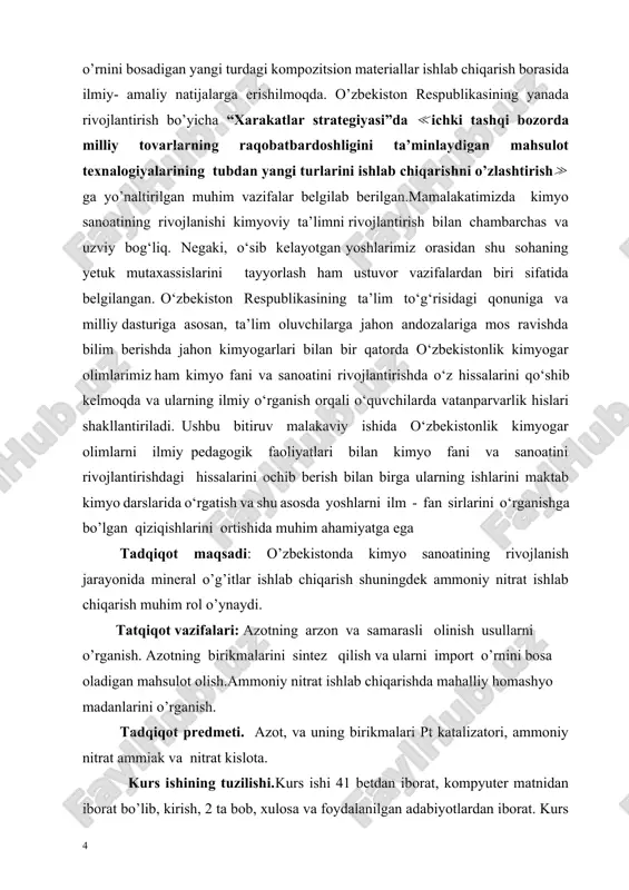 i. ammo odam va hayvonlar, o’simliklar, mikroorganizmlar tanasida oksidlar yoki boshqa organik moddalar (fermentlar, vitaminlar, garmonlar, nuklein kislotalar va boshqalar) sintezida elementar holdagi azot emas (u juda inert elementdir, uning dissotsialanish energiyasi 945 kj/mol bo’lib, atomlari orasidagi bog’lar juda mustahkamdir. taqqoslash uchun xlor molekulasining dissotsialanish energiyasini 243 kj/mol olish mumkin) balki, uning birikmalari ishtirok etadi.azot birikmalari bo’yoqlar, plastmassalar (aminoplastlar), kimyoviy tolalar (kapron, neylon, enant, poliamid tolalar) suratkashlik preparatlari, dori-darmonlar, portlovchi moddalar, azotli o’g’itlar, ammiak va nitrat kislotasi va boshqa o’nlab xalq xo’jaligi uchun muhim bo’lgan qator mahsulotlar ishlab chiqarishda ishlatiladi.ishlatish sohalarining kengligi, azot birikmalari manbalarining esa kamligi, atmosfera azotini biriktirib olish muammosini ko’ndalang qilib qo’ydi. atmosfera azoti bitmas-tuganmasdir. har gektar yer yuzasiga to’g’ri keladigan atmosfera azotining massasi 80 000 tonnaga tengdir. i.2. ammiak olish uchun azot vodorodli aralashmaning olinishi va tozalash usullari ammiak sintezi uchun 1:3 nisbatda azot vodorodli aralashma kerak bo’ladi. azot sanoatda suyuq havodan ajratish yo’li bilan olinadi. …