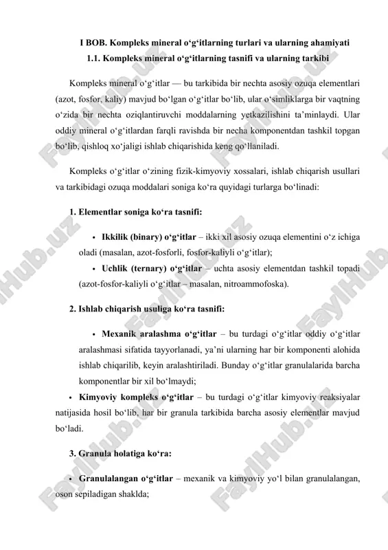 (kaliy) ta’minlaydi. 1.2. uchlik kompleks o‘g‘itlar uchlik yoki ternar o‘g‘itlar tarkibida azot, fosfor va kaliy birgalikda mavjud. ular universal o‘g‘itlar bo‘lib, ko‘plab ekin turlariga mos keladi. · masalan: nitroammofoska (npk): bu eng keng tarqalgan uchlik o‘g‘it hisoblanadi. uning tarkibi turli nisbatlarda bo‘lishi mumkin, masalan: · npk 16:16:16 · npk 10:26:26 · npk 8:24:24 uchlik o‘g‘itlar ekinlarning har tomonlama rivojlanishini ta’minlaydi va qo‘llashda alohida qulaylik tug‘diradi, chunki alohida o‘g‘itlarni aralashtirishga ehtiyoj qolmaydi. 1.3. ko‘p komponentli o‘g‘itlar bu guruhga kiruvchi o‘g‘itlar azot, fosfor va kaliy bilan bir qatorda mikroelementlar (bor, rux, marganes, mis, molibden, kobalt va boshqalar) ham o‘z ichiga oladi. ular yuqori texnologiyali mahsulotlar bo‘lib, intensiv dehqonchilikda qo‘llaniladi. · misol: chelatlangan mikroelementlar bilan boyitilgan npk o‘g‘itlar. bu turdagi o‘g‘itlar o‘simliklarning o‘sish davridagi barcha ehtiyojlarini qondiradi va ayniqsa, serhosil, intensiv parvarish talab qiladigan ekinlar uchun muhimd 2. ishlab chiqarish usuliga ko‘ra tasnifi kompleks mineral o‘g‘itlar ishlab chiqarish texnologiyasi ularning sifati, fizik-kimyoviy xossalari …