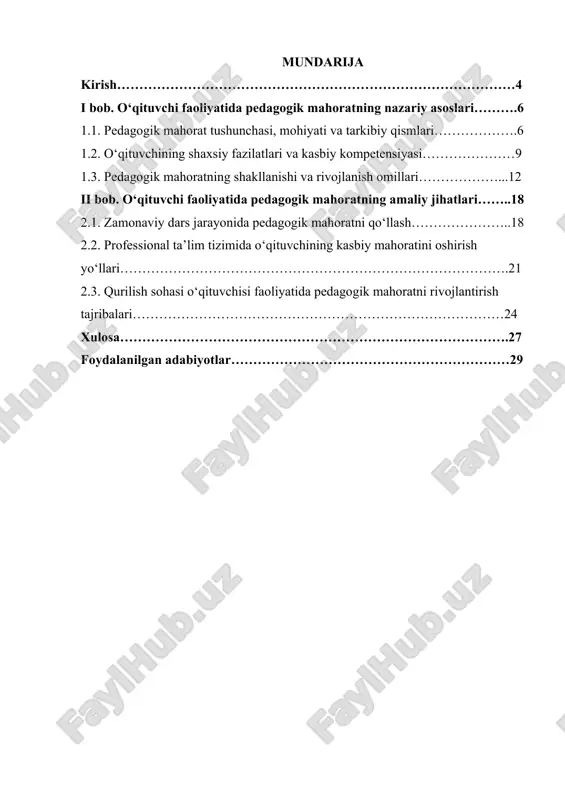 ‘zining psixologik sezgirligi, tahlil qobiliyati, kommunikativ mahorati orqali har bir darsni samarali tashkil etadi. ta’lim sifati ko‘p jihatdan o‘qituvchining shu mahorat darajasiga bog‘liqdir. shu sababli ta’lim tizimida pedagog kadrlarni tayyorlashda bu masalaga alohida e’tibor qaratish zarur. zamonaviy o‘qituvchi doimo yangilikka intiluvchi, innovatsion texnologiyalarni qo‘llay oluvchi, mustaqil fikrlovchi va ijodkor shaxs bo‘lishi kerak. u faqat bilim manbai emas, balki o‘quvchilarga ruhiy tayanch, hayotiy yo‘l ko‘rsatuvchi rahnamo hamdir. shu jihatdan pedagogik mahorat o‘qituvchining kasbiy faoliyatining yuragi sanaladi. mamlakatimizda ta’lim tizimini modernizatsiya qilish, o‘qituvchi maqomini oshirish, ularning malakasini muntazam oshirish masalalariga katta e’tibor qaratilmoqda. davlat ta’lim standartlari, yangi o‘quv dasturlari va pedagogik innovatsiyalar o‘qituvchidan yuqori darajada mahorat, fidoyilik va zamon bilan hamnafas bo‘lishni talab etadi. shu bois pedagogik mahoratni o‘rganish va rivojlantirish nafaqat nazariy, balki amaliy ahamiyatga ham ega. tadqiqotning maqsadi — o‘qituvchi faoliyatida pedagogik mahoratning o‘rni va ahamiyatini ochib berish, uni rivojlantirishning samarali yo‘llarini aniqlash, professional ta’lim tizimida bu jarayonni takomillashtirishga oid …