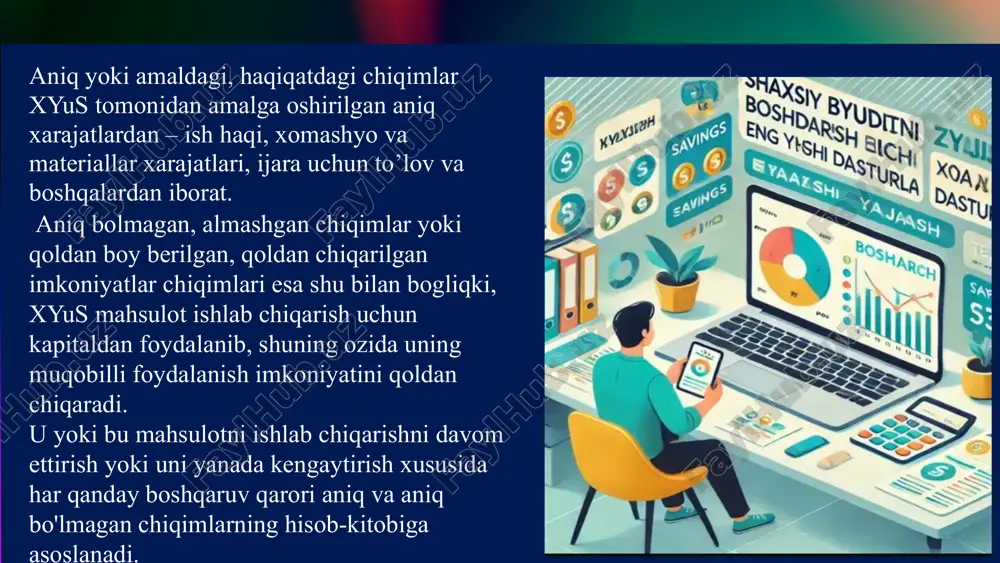 deganda xyus, firma, korporatsiyalar va boshqa xojalik yurituvchi subyektlar ishlab chiqarish- xojalik faoliyatining umumlashtirilgan tarzda baholovchi korsatkich, daromadning mahsulotni ishlab chiqarish va realizatsiya qilish bilan bogliq bolgan barcha xarajatlar ustidan oshgan qismi tushuniladi. amaliy faoliyatda esa «foyda»ning barcha tushunchalarini quyidagi uch guruhga birlashtirish mumkin: • realizatsiya qilinadigan tovar (xizmat)lar sotish bahosi bilan ularni ishlab chiqarish xarajatlari o'rtasidagi farq sifatida o'lchanadigan foyda; • sof aktivlaming yil oxiridagi va yil boshidagi o'lchamlarining farqi sifatida o'lchanadigan faoliyatning ayrim davriga tegishli bo'lgan foyda (uning kapitalashtirilganligi); • foydani kapitaldan olingan daromad sifatida tushunish. faoliyatning moliyaviy natijalarini tahlil qilishda xyuslar, ko'p hollarda, foydaning quyidagi ko'rinishlariga tayanadi: • asos foyda; • balans foyda; • sof foyda yoki sof daromad. hisobotlarda foyda quyidagi ko'rinishlarda aks ettirilishi mumkin: • yalpi foyda; • operatsion foyda; • sof foyda. xyuslar faoliyatining umumiy moliyaviy natijalari foyda va zararlar to'g'risidagi hisobotda o'z aksini topadi. foydani tahlil qilishning asosiy maqsadi hisobot davri davomidagi xyus …