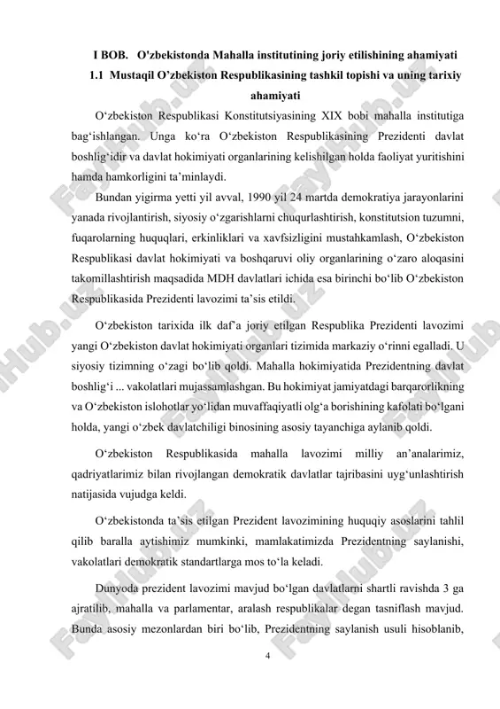 imiyat jamiyatdagi barqarorlikning va o‘zbekiston islohotlar yo‘lidan muvaffaqiyatli olg‘a borishining kafolati bo‘lgani holda, yangi o‘zbek davlatchiligi binosining asosiy tayanchiga aylanib qoldi. o‘zbekiston respublikasida mahalla lavozimi milliy an’analarimiz, qadriyatlarimiz bilan rivojlangan demokratik davlatlar tajribasini uyg‘unlashtirish natijasida vujudga keldi. o‘zbekistonda ta’sis etilgan prezident lavozimining huquqiy asoslarini tahlil qilib baralla aytishimiz mumkinki, mamlakatimizda prezidentning saylanishi, vakolatlari demokratik standartlarga mos to‘la keladi. dunyoda prezident lavozimi mavjud bo‘lgan davlatlarni shartli ravishda 3 ga ajratilib, mahalla va parlamentar, aralash respublikalar degan tasniflash mavjud. bunda asosiy mezonlardan biri bo‘lib, prezidentning saylanish usuli hisoblanib, bevosita xalq tomonidan to‘g‘ridan-to‘g‘ri saylangan prezident kuchli vakolatlarga ega bo‘ladi. prezident to‘g‘ridan-to‘g‘ri saylanganda fuqarolar uning saylovoldi dasturi bilan bevosita tanishish, mamlakat va fuqarolarni qiziqtirayotgan masalalarga nomzodlar e’tiborini qaratish imkoniyati mavjuddir. konstitutsiyamiz 90-moddasiga ko‘ra o‘zbekiston respublikasining prezidenti o‘zbekiston respublikasining fuqarolari tomonidan umumiy, teng va to‘g‘ridan-to‘g‘ri saylov huquqi asosida yashirin ovoz berish yo‘li bilan besh yil muddatga saylanadi. prezidentni umumiy, teng, to‘g‘ridan-to‘g‘ri saylov asosida yashirin ovoz …