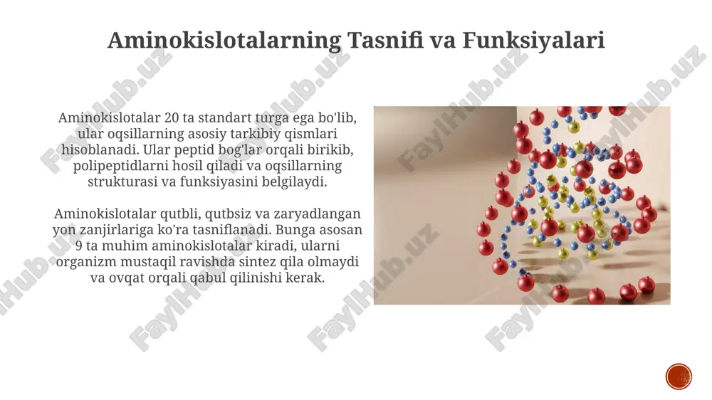 arajasi (6.8 mg/dl dan yuqori) tufayli yuzaga keladi, bu esa to'qimalarda urat kristallari to'planishiga olib keladi. lesh-nixan sindromi – bu x xromosomasi bilan bog'langan genetik kasallik bo'lib, hipoksantin-guanin fosforibosiltransferaza (hgprt) fermentining yetishmasligi bilan bog'liq, bu esa purin metabolizmining buzilishiga olib keladi. aminokislotalar va nukleotidlarning o'zaro bog'liqligi purin va pirimidin nukleotidlari sintezi uchun zarur boʻlgan uglerod va azot atomlari koʻpincha aminokislotalar metabolizmidan kelib chiqadi, masalan, glutamin 5 ta atomni beradi. tetrahidrofolat (thf) koenzimi orqali aminokislotalar (serin, glitsin) bir uglerodli guruhlarni nukleotidlarga o'tkazishi mumkin, bu esa dnk va rnk sintezi uchun juda muhimdir. kofaktorlar va vitaminlar: aminokislota va nukleotid metabolizmidagi rol vitamin b6, piridoksal fosfat koenzimi sifatida, transaminatsiya reaksiyalari kabi aminokislota metabolizmining 100 dan ortiq fermentativ bosqichlarida muhim rol o'ynaydi. tetrahidrofolat foliy kislotasidan olingan bo'lib, purin va pirimidin biosintezida bir uglerodli guruhlarni o'tkazish orqali nukleotid metabolizmida ishtirok etadi. klinik ahamiyat: aminokislota va nukleotid metabolizmi buzilishlari fenilketonuriya kabi amino kislota metabolizmi buzilishlari, fenilalanin …