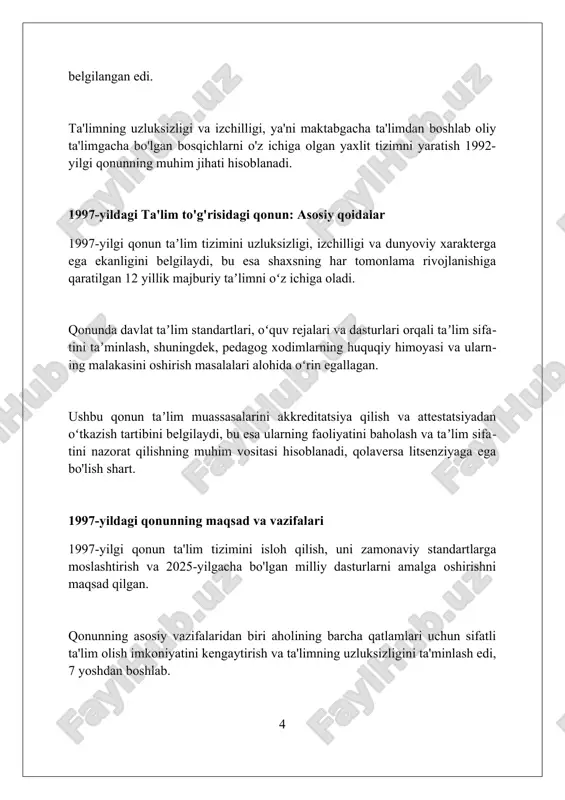 'naltirildi, bu esa o'quv jarayoniga ijobiy ta'sir ko'rsatib, sifatni yaxshiladi. 1990-yillarda qabul qilingan qonunchilik asosiy fanlarni 15% ga ko'paytirish orqali ta'limning chuqurligini oshirdi, bilim berish sifatiga ta'sir qildi. pedagog xodimlar huquqlari va majburiyatlari pedagog xodimlar haftasiga 36 soatdan ortiq bo'lmagan ish yuklamasiga ega, bu ularning professional vazifalarini bajarish uchun etarli vaqt beradi. 1997-yilgi ta'lim to'g'risidagi qonun pedagoglarga malaka oshirish, ilmiy unvon olish va turli mukofotlarga nomzod bo'lish huquqini kafolatlaydi. pedagoglar o'z sha'ni va qadr-qimmatini himoya qilish huquqiga ega, ularning professional faoliyatiga noqonuniy aralashuvga yo'l qo'yilmaydi, bu esa qonun bilan himoyalangan. moliyalashtirish manbalari va xarajatlar 1992-1997 yillarda ta'limni moliyalashtirish manbalari orasida davlat byudjeti asosiy bo'lib, unga soliq tushumlari va boshqa davlat daromadlari kiritilgan. xarajatlar asosan o'qituvchilarning ish haqi, o'quv materiallari, binolarni saqlash va yangi maktablar qurish uchun ajratilgan mablag'lardan iborat edi. xalqaro grantlar va xorijiy investitsiyalar ta'lim tizimini modernizatsiya qilish hamda yangi texnologiyalarni joriy etish uchun qo'shimcha moliyaviy resurslar bo'lgan. qonunlarning …