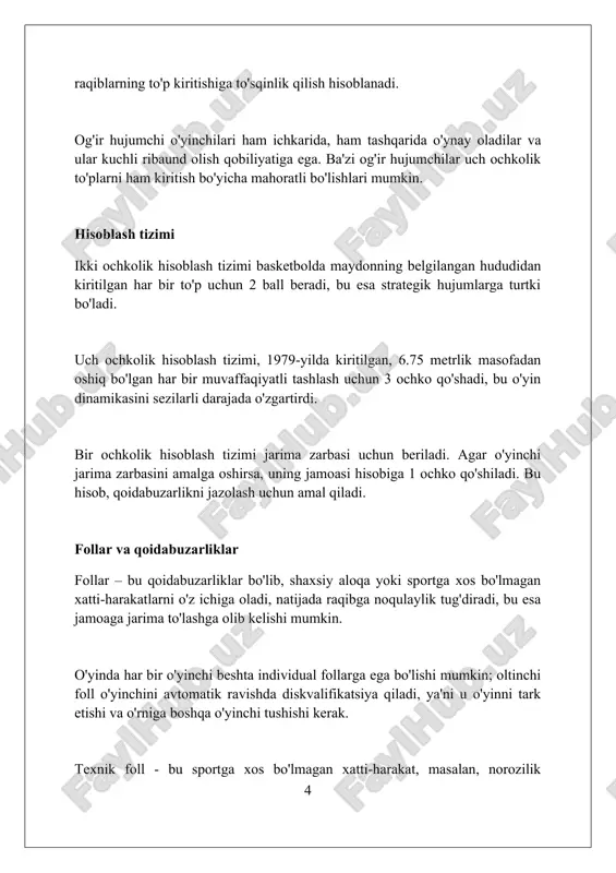 hujum strategiyalariga misol sifatida, "pick and roll" taktikasi mavjud boʻlib, bunda ikki oʻyinchi raqib himoyasini chalgʻitib, 2 ochkolik imkoniyat yaratadi. himoya strategiyalariga zonali himoya kiradi, bunda har bir oʻyinchi maʼlum bir zonani qoʻriqlaydi va raqibning 3 ochkolik urinishlarini kamaytirishga qaratiladi. tezkor hujum strategiyasi, odatda, oʻyinni tezlashtirish va raqib himoyasi shakllanmasidan oldin ochko olishga qaratiladi, shu bilan birga 1-2 soniyada natijaga erishiladi. jismoniy tayyorgarlik basketbolda jismoniy tayyorgarlik tezlik, kuch va chidamlilikni oshirishga qaratilgan kompleks mashqlarni o'z ichiga oladi, masalan, sprint, sakrash va vazn bilan ishlash. jismoniy tayyorgarlik jarayonida yurak-qon tomir tizimini mustahkamlash muhim, buning uchun 60-80% maksimal yurak urish tezligida kamida 150 daqiqa kardio mashqlari talab etiladi. moslashuvchanlikni yaxshilash uchun dinamik cho'zishlar o'yin oldidan va statik cho'zishlar o'yin keyin 10-30 sekund ushlab turish bilan bajariladi, bu mushaklarni tiklashga yordam beradi. jihozlar basketbolchilarning formasi odatda qisqa yengli futbolka va shortidan iborat bo'lib, ularning materiallari nafas oladigan va harakatlanish erkinligini ta'minlaydigan sintetik tolalar, …