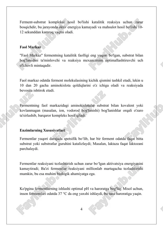 ladan ikkinchisiga o'tkazadi, masalan, sitoxrom c oksidaza 4 elektronni sitoxrom c dan kislorodga o'tkazib suv hosil qiladi. transferazalar funktsional guruhlarni bir molekuladan ikkinchisiga o'tkazadi; aminotransferazalar aminoguruhlarni aminokislotalar va keto kislotalar o'rtasida almashadi, muhim metabolik jarayon. ligazalar ikkita molekulani atp gidrolizi kabi energiya yordamida bog'laydi. dnk ligaza dnk zanjirlarini bog'lash orqali replikatsiya va tiklanishda muhim rol o'ynaydi. kofaktorlar va koenzimlar kofaktorlar ferment faolligi uchun zarur bo'lgan noorganik ionlar, masalan, temir (fe2+) yoki magniy (mg2+), ular fermentning 3 o'lchamli shaklini saqlashga yordam beradi. koenzimlar - vitaminlardan hosil bo'lgan organik molekulalar, masalan, nad+ (niatsindan), ular vaqtinchalik ravishda fermentga bog'lanadi va kimyoviy guruhlarni reaksiyalar davomida tashishda ishtirok etadi. goloferment - bu apoprotein (fermentning oqsil qismi) va uning kofaktori yoki koenzimi bilan birgalikda faol ferment kompleksidir, ya'ni faqat shu holatda ferment katalitik faoliyat ko'rsatadi. enzimlarning qo'llanilishi enzimlar oziq-ovqat sanoatida keng qo'llaniladi, masalan, amilazalar kraxmallarni shakar qilish uchun pishirishda, selülazalar esa meva sharbatlari ishlab chiqarishda ishlatiladi. …