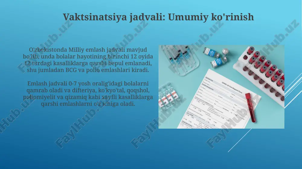 aning afzalliklari va xavflari vaktsinalar bilan kasalliklardan himoyalanish immunitetni rivojlantirib, aholi orasida kasallik tarqalishini kamaytiradi, masalan, poliomielit 99%ga kamaygan. ba'zi vaktsinalar, juda kam hollarda, engil reaktsiyalarga sabab bo'lishi mumkin, masalan, inyeksiya joyida qizarish yoki haroratning 38 darajagacha ko'tarilishi. xulosa xulosa shuni ko'rsatadiki, emlash jadvali 95% samaradorlikni ta'minlaydi, bu esa 0-18 yoshdagilar orasida yuqumli kasalliklarning oldini olish uchun juda muhimdir. emlashning asosiy qoidalariga rioya qilish, masalan, 2-8 °c haroratda saqlash va kamida 30 daqiqa kuzatish, nojo'ya ta'sirlarni minimallashtiradi. e'tiboringiz uchun rahmat image1.png image2.jpg image3.jpg image4.jpg image5.jpg image6.jpg image7.jpg image8.jpg image9.jpg image10.jpg image11.jpg image12.jpg image13.jpg image14.jpg image15.jpg image16.jpg image17.jpg image18.jpg