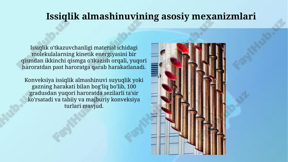 'ladi. turbulentlikni oshirish issiqlik almashinuvini yaxshilaydi. yuqori reynolds sonlari (re > 4000 trubkada) suyuqlik aralashuvini kuchaytiradi va issiqlik o'tkazuvchanligini oshiradi. issiqlik almashinuvida ishlatiladigan materiallar mis, yuqori issiqlik o'tkazuvchanligi (401 vt/mk) tufayli, issiqlik almashtirgichlarida samarali issiqlik uzatishni ta'minlash uchun keng qo'llaniladi, ayniqsa yuqori haroratli muhitda. alyuminiy, nisbatan arzonligi va korroziyaga chidamliligi bilan ajralib turadi, avtomobil radiatorlarida va hvac tizimlarida keng qo'llaniladi, uning issiqlik o'tkazuvchanligi 205 vt/mk ga etadi. issiqlik almashinuvining amaliy qo'llanilishi kimyo sanoatida issiqlik almashinuvi reaktorlar haroratini boshqarish uchun zarur, mahsulot sifatini optimallashtiradi va 90% gacha energiyani tejaydi. energetika sohasida issiqlik elektr stansiyalari suv bug'ini turbinalarida aylantirib, elektr energiyasini ishlab chiqaradi, bunda 85% issiqlik almashinuviga bog'liq. e'tiboringiz uchun rahmat image2.jpg image3.jpg image4.jpg image5.jpg image6.jpg image7.jpg image8.jpg image9.jpg image10.jpg image11.jpg image12.jpg image13.jpg image14.jpg image15.jpg image16.jpg image17.jpg image18.jpg image1.png