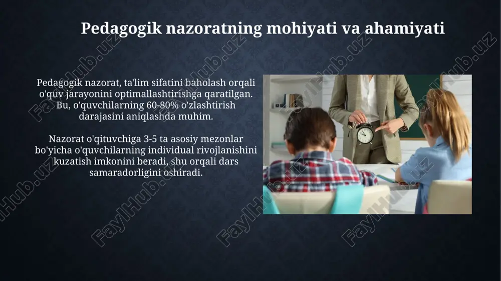 h vaqti barchaga bir xil mezon bo'ladi. pedagogik nazoratda vaqtni o'lchashning afzalligi - natijalarni raqamlashtirish, ammo hissiy va sifatli baholashlar yo'qligi kamchilik, chunki 5 marta sakrashda uslub unutilishi mumkin. amaliy mashg'ulotlar: vaqt hisobini olib borish amaliy mashg'ulotlarda vaqt hisobi, 1 sekund aniqlikda olib boriladi va har bir mashqning davomiyligi, takrorlashlar soni kabi ko'rsatkichlar 10-15 daqiqa oraliqda qayd etiladi. vaqt hisobini olib borishda sekundomerlardan foydalaniladi; har bir ishtirokchining 50 metrga yugurish vaqti yoki 20 marta sakrash vaqti aniqlanib, protokolda belgilanadi. xulosa xulosa shuni ko'rsatadiki, 15 daqiqalik vaqtni nazorat qilish usuli 30 nafar talaba ishtirokidagi mashg'ulotning intensivligini baholashda samarali hisoblanadi. tadqiqot shuni tasdiqlaydiki, darsning 40% qismi faol harakatlarga sarflanishi pedagogik nazoratning muhim ko'rsatkichidir, bu esa 25 nafar o'quvchiga mos keladi. e'tiboringiz uchun rahmat image2.png image3.jpg image4.jpg image5.jpg image6.jpg image7.jpg image8.jpg image9.jpg image10.jpg image11.jpg image12.jpg image13.jpg image14.jpg image15.jpg image16.jpg image17.jpg image18.jpg image19.jpg