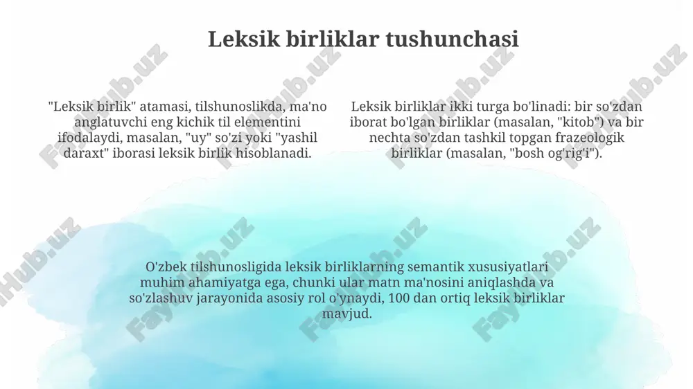 ishi shart emas. masalan, 'velosiped' va 'o'rindiq'. velosiped o'rindig'isiz ham ishlashi mumkin, lekin o'rindiq velosipedning bir qismi sanaladi. butun va qism munosabatlari agar a 'b'ning qismi bo'lsa, demak 'b' a ni o'z ichiga oladi; misol uchun, 'g'ildirak' avtomobilning bir qismi bo'lsa, 4 ta g'ildirak avtomobilning tarkibiga kiradi degan ma'noni anglatadi. butun va qism munosabatlari (partonimiya) bir butunning tarkibiy qismlari o'rtasidagi bog'liqlikni ifodalaydi, masalan, 'qo'l' 1 ta butunning 'barmoq' kabi 5 qismdan iborat ekanligini ko'rsatadi. partonimiya munosabatlarida butun nomini beruvchi leksik birlik (masalan, 'uy') va uning qismlarini ifodalovchi leksik birliklar (masalan, 'eshik', 'devor', 'tom') o'rtasida aniq aloqa mavjud. partonimik tarmoqlar partonimik tarmoqlar, butun va uning qismlari o'rtasidagi munosabatlarni ifodalaydi, masalan, 'qo'l' 'tana'ning bir qismi bo'lib, ushbu bog'lanish 'butun-qism' degan tushunchani aks ettiradi. ushbu tarmoqlar ierarxik tuzilishga ega emas, giponimiya kabi, lekin butunning tarkibiy qismlarini aniqlash orqali semantik ma'nolarni aniqlashtiradi, misol uchun 'uy' va 'eshik', 'devor' kabi qismlar. partonimik tarmoqlarni tahlil qilish, …