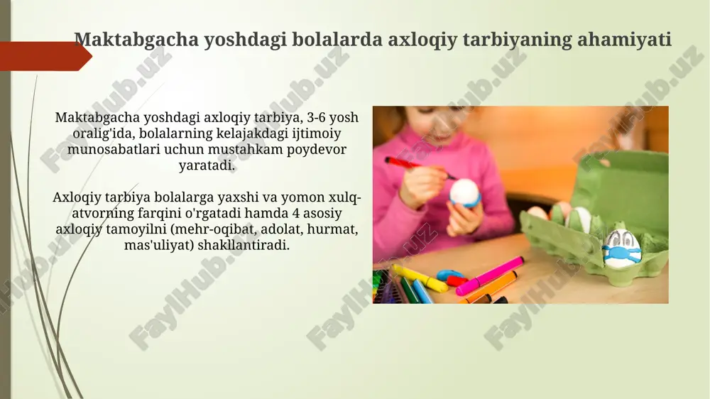 i 3-5 yoshda sodir bo'layotgan konfliktlar orqali his qilishga o'rgatish muhim. muammolarni hal qilishda 2-3 qadamli oddiy strategiyalardan foydalanish, masalan, vaziyatni aniqlash va yechim topish, bolalarning mustaqil fikrlash qobiliyatini oshiradi. xulosa maktabgacha yoshdagi bolalarda axloqiy tarbiyani shakllantirishning 3-5 yoshdagi natijasi ijtimoiy munosabatlardagi dastlabki ko'nikmalarini namoyon etishdir. o'quv jarayonining yakuniy bosqichida, 6-7 yoshli bolalarda, axloqiy me'yorlar bo'yicha ongli baho berish qobiliyati 10-12 ta asosiy tushuncha orqali rivojlanadi. e'tiboringiz uchun rahmat image1.jpg image2.jpg image3.jpg image4.jpg image5.jpg image6.jpg image7.jpg image8.jpg image9.jpg image10.jpg image11.jpg image12.jpg image13.jpg image14.jpg image15.jpg image16.jpg image17.jpg