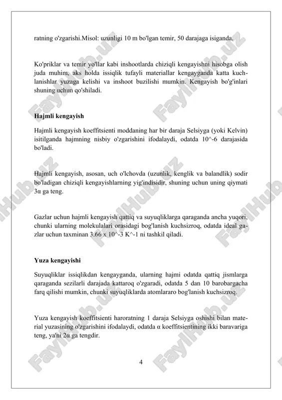 slari qurilishida 20-30 metr uzunlikdagi relslar orasida 6-12 mm bo'shliq qoldiriladi, chunki harorat oshganda relslar kengayib, egilib qolishi mumkin. ko'priklar qurilishida dilatatsiya bo'g'inlari (expansion joints) ishlatiladi; bu bo'g'inlar beton va po'lat konstruksiyalarning 30°c dan 60°c gacha harorat o'zgarishida kengayishini qoplaydi. issiqlik tarmoqlarida, misol uchun, 100 metr uzunlikdagi quvurda 80°c gacha harorat ko'tarilganda, 10 sm gacha kengayish kuzatiladi, bu esa kompensatorlar orqali hal qilinadi. termik zo'riqish va kuchlanish termik zo'riqish, haroratning o'zgarishi natijasida materialning kengayishi yoki qisqarishi cheklanganida yuzaga keladi va bu material ichida ichki kuchlanishlarni hosil qiladi. termik kuchlanishning kattaligi materialning termik kengayish koeffitsienti (α) bilan to'g'ri proporsional bo'lib, bu koeffitsient 1 °c ga harorat o'zgarishida materialning nisbiy o'lchamini bildiradi. agar termik kuchlanish materialning chidamlilik chegarasidan oshsa, unda plastik deformatsiya yoki sinish sodir bo'lishi mumkin, shuning uchun injenerlikda bu omil muhim hisoblanadi. termik kengayishni o'lchash usullari interferometriya yuqori aniqlikdagi o'lchovlarni ta'minlaydi, odatda 10^-7 gradusgacha. bu usul materialning uzunligidagi o'zgarishlarni lazer …