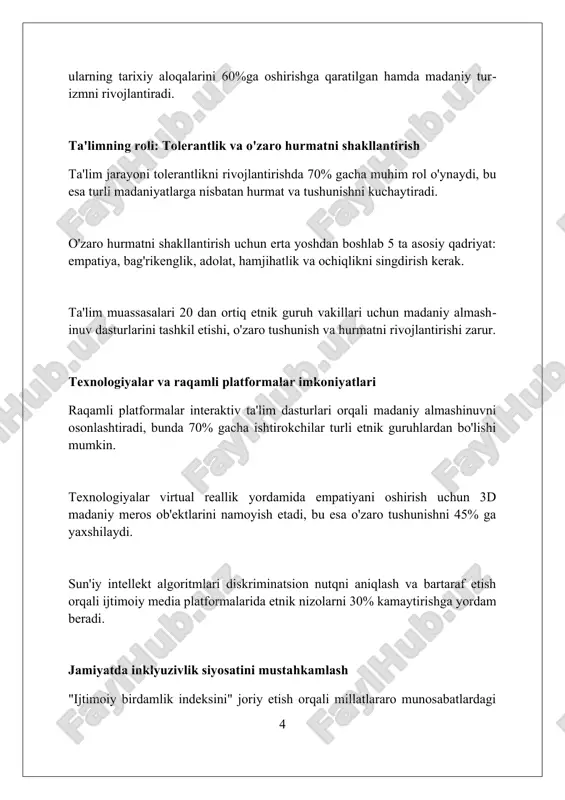 ivojlantirishga yordam beradi. milliy madaniy markazlar bilan hamkorlikda, 15 dan ortiq nodavlat tashkilotlari 2024-yilda yoshlar oʻrtasida tolerantlikni oshirishga qaratilgan taʼlim dasturlarini ishlab chiqishda davlat resurslaridan foydalanmoqda. davlat organlari tomonidan nntlarga 30% gacha moliyaviy grantlar ajratilishi, interetnik kelishmovchiliklarni bartaraf etish boʻyicha 5 yillik strategiyani amalga oshirish uchun muhim resurs hisoblanadi. etniklararo munosabatlarni baholash va monitoring qilish etniklararo munosabatlar monitoringi integratsiya koeffitsiyentini (0 dan 1 gacha) hisoblash orqali jamiyatda ijtimoiy birdamlik darajasini aniqlaydi va 3 ta asosiy yo'nalishga e'tibor qaratadi. baholashda 5 ta asosiy indikator, jumladan, til siyosatining samaradorligi, madaniy almashinuv faolligi, diskriminatsiya holatlari soni, ijtimoiy-iqtisodiy tenglik darajasi va siyosiy ishtirok ko'rsatkichlari hisobga olinadi. monitoring tizimi 'etnik barometr' so'rovnomasidan foydalanadi. unda 10000 dan ortiq respondent ishtirok etib, 7 xil demografik guruhga bo'linadi. so'rov natijalari har chorakda tahlil qilinadi. ilmiy tadqiqotlar va tahlillar ilmiy tadqiqotlar davlatlararo aloqalarning barqarorlashuviga ta'sirini baholaydi, 20 dan ortiq omillarni inobatga olib, ularning 75 foizi integratsiya tendensiyalarini kuchaytiradi. tahlillar …