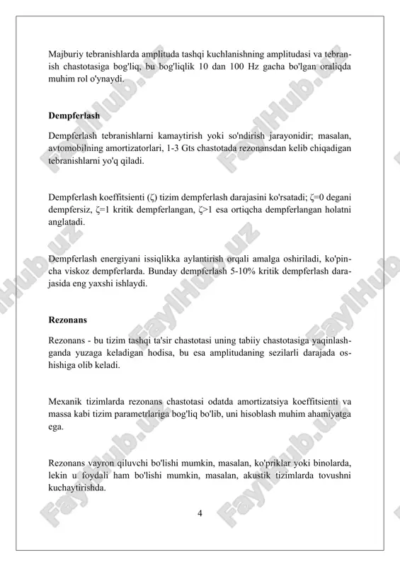 ezlik yoki siljish birliklarida ifodalanadi, masalan, mm/s yoki dyuym/sekund. tebranish o'lchovi natijalari iso 10816 kabi standartlarga muvofiq baholanadi, bu turli xil mashinalar uchun ruxsat etilgan tebranish darajalarini belgilaydi, shu jumladan 4.5 mm/s qiymatiga ega bo'lishi mumkin. tebranish o'lchovlari turli xil sensorlar yordamida amalga oshiriladi, masalan, akselerometrlar, tezlik o'lchagichlar va yaqinlik probelari, ular tebranish chastotasi va amplitudasi kabi parametrlarni aniqlaydi. tebranish analizi tebranish tahlili - bu mashina yoki strukturadagi vibratsiyani o'lchash va baholash jarayoni bo'lib, 10 hz dan 1000 hz gacha bo'lgan chastotalarga e'tibor qaratiladi. uskunaning holatini baholash uchun tebranish tahlili ishlatiladi. uning yordamida muammolarni aniqlash, nosozliklarni bashorat qilish va texnik xizmat ko'rsatishni rejalashtirish mumkin, masalan, 2 hafta oldin prognoz qilish. tebranish tahlili yordamida muvozanatlashmaganlik, noto'g'ri tekislash, bo'shashish, moylash muammolari va rulman nuqsonlari kabi turli xil mexanik nosozliklar aniqlanadi va 85 db dan yuqori shovqin o'lchanadi. amaliy misollar avtomobil amortizatorlari yo'lning notekisligi tufayli yuzaga keladigan 1-3 gts chastotadagi tebranishlarni kamaytirish uchun …