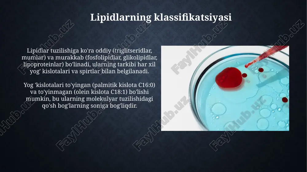 tseridlarning konsentratsiyasi 400 mg/dl dan yuqori bo'lganda ham aniq natijalar beradi. ldl-xolesterinni aniqlash usullari ldl-xolesterinni to'g'ridan-to'g'ri aniqlash usullari, masalan, selektiv erituvchilar va fermentativ usullar 3 foiz aniqlik bilan ldl-ni o'lchaydi, triglitseridlar aralashuvini minimallashtiradi. freidvald formulasi ldl-ni o'lchash uchun ishlatiladi: umumiy xolesterin - hdl - (triglitseridlar/5), ammo triglitseridlar darajasi 400 mg/dl dan yuqori bo'lsa, bu usul xatolikka olib kelishi mumkin. lipid fraktsiyalarini elektroforez yordamida ajratish lipid fraktsiyalarini elektroforezda ajratish, zaryadlangan lipoproteinlar harakati asosida ishlaydi, bunda hdl eng yuqori tezlikda harakatlanadi, keyin ldl va vldl pastroq tezlikda migratsiya qiladi. elektroforez lipoprotein fraktsiyalarini ajratishda sezuvchan usul bo'lib, ayniqsa, beta-kvantifikatsiya usuli ldl xarakteristikasini aniq baholashga imkon beradi va atherogenlik darajasini belgilaydi. lipid almashinuvining klinik ahamiyati giperlipidemia ateroskleroz, yurak-qon tomir kasalliklari xavfini oshiradi, triglitseridlarning 200 mg/dl dan ortiq bo'lishi pankreatit xavfini ham oshirishi mumkin. gipolipidemiyaning klinik ahamiyati kamroq, lekin ba'zi irsiy kasalliklar, masalan, abetalipoproteinemiya, yog' so'rilishini buzilishi va nevrologik muammolarga olib kelishi mumkin. e'tiboringiz uchun …