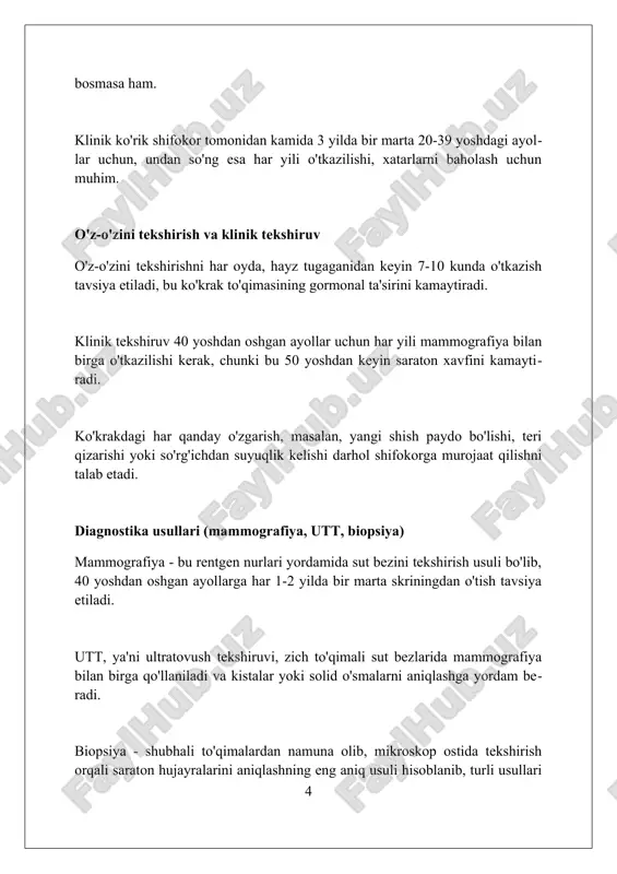 gormon terapiyasi gormon terapiyasi ba’zan tamoxifen kabi dori vositalari yordamida o’simta hujayralari uchun zarur bo’lgan estrogen gormonini bloklaydi, bu esa o’sishni sekinlashtiradi. aromataza ingibitorlari, masalan letrozol, postmenopauza davridagi ayollarda estrogen ishlab chiqarishni kamaytiradi, bu gormonga bog’liq saraton kasalliklarining rivojlanishiga to’sqinlik qiladi. gormon terapiyasi 5-10 yil davomida davom etishi mumkin, ammo u issiqlik, kayfiyat o’zgarishi, suyak zichligi yo’qolishi kabi nojo’ya ta’sirlarga olib kelishi mumkin. davolash usullari: maqsadli terapiya maqsadli terapiya o'simtaning o'sishi va tarqalishiga hissa qo'shadigan aniq molekulalar, masalan, her2 oqsilini nishonga oladi. ba'zi maqsadli dorilar, masalan, cdk4/6 ingibitorlari, hujayra siklini buzib, saraton hujayralarining bo'linishini sekinlashtiradi. maqsadli terapiya ko'pincha an'anaviy kimyoterapiya bilan solishtirganda kamroq nojo'ya ta'sirlarga ega, chunki u sog'lom hujayralarga kamroq ta'sir qiladi. nojo'ya ta'sirlar va ularni boshqarish nojo'ya ta'sirlar davolash turiga bog'liq; masalan, kimyoterapiya ko'ngil aynishi, soch to'kilishi va immunitetning susayishiga olib kelishi mumkin. og'riqni boshqarish 1 dan 10 gacha bo'lgan shkala orqali baholanadi. radiatsiya terining tirnash xususiyati (radiodermatit) …