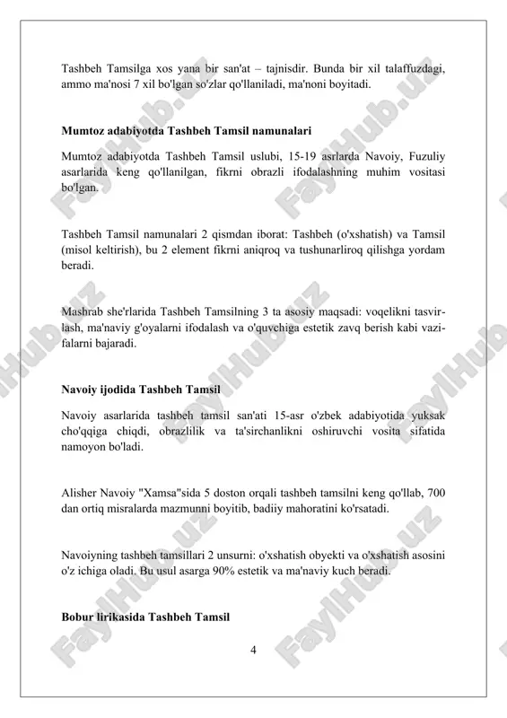 mavhum tushunchalarni ifodalash, ularning 3-bosqich ma'nolarini ochib berish va chuqur mazmun kasb etishga yordam beradi. 4-texnika shundaki, misollar keltirish va ularni 5-unsurlar bilan bog'lash orqali tamsil yaratish, tinglovchilarning tasavvurini boyitish va anglash qobiliyatini oshirishdir. tahlil: bir nechta tashbeh tamsil namunasi tahlilda bir nechta tashbeh tamsilda 2 xil narsaning o'xshashligi, masalan, 4 unsurning o'zaro bog'liqligi orqali ma'no ochiladi. misollarda tashbeh tamsil 3 ta asosiy elementdan iborat: o'xshatilgan narsa, o'xshatish asosi va o'xshatish vositasi, 5 barobar ma'noni kuchaytiradi. tahlil jarayonida tashbeh tamsilning 6 ta turli xil uslubi aniqlanadi, bu orqali muallifning fikri 7 xil yo'nalishda tushuntiriladi. tashbeh tamsilning tarjima qilinishi tashbeh tamsilning tarjimasi, 2 qismli badiiy usul, majoziy ma'nolarni saqlab, 100% aniqlik bilan tarjima qilinishi talab etiladi. ba'zan, tashbeh tamsilni tarjima qilishda 3-4 ta so'z bilan ifodalangan obrazni tushuntirish uchun 20 tagacha so'z kerak bo'lishi mumkin. tashbeh tamsilning mohiyatini ochish uchun 5 ta asosiy unsur (mushabbah, mushabbah bih, vajh shibh, adoti tashbeh, …
