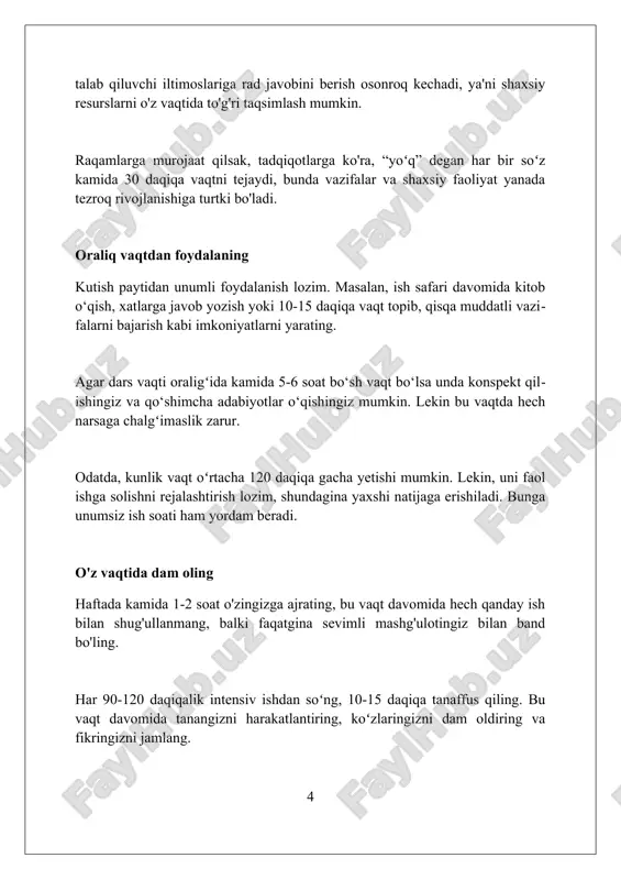 i ishlarni 6 soatga, majlislarga ketadigan vaqtni 2 soatga qisqartirib, haftasiga oʻrtacha sakkiz soat tejaydi. yularning mohiyati quyidagicha: shu ish aynan men uchun qanchalik muhim? uni bajarishdan to'xtasam nima bo'ladi? natijaga erishish uchun yana qanday samarali usul bor? muammoing yechimini topish yo'llarini ishlab chiqishi zarur muammoning yechimini topish uchun birinchi qadam, vaziyatni aniq baholashdir, maqsadni aniqlang, 360 daraja tahlil qiling va mumkin bo'lgan to'siqlarni aniqlab oling. ikkinchi qadamda yechim variantlarini yaratish, bu brainstorming orqali amalga oshiriladi, maqsadni ko'zlagan holda kamida 5-10 ta yechim topishga harakat qiling. yechimlarni baholang, har bir yechimning oqibatlarini, resurslarni va vaqtni hisobga oling, swot va pest tahlilidan foydalanib, aniq 3 ta eng istiqbolli yechimni aniqlang. vazifalardan biri – yaxshi reja tuzishdir! yaxshi reja tuzish jarayonida inson oʻz ongining “qoʻrqoq” qismi bilan kurashgan holda 3 oydan 6 oygacha moʻljallangan aniq reja orqali maqsadga erishish yoʻllarini ishlab chiqishi zarur. agar dastlabki 1-rejani oʻzgartirishga harakat qilsangiz, unda noqulay holatlar …