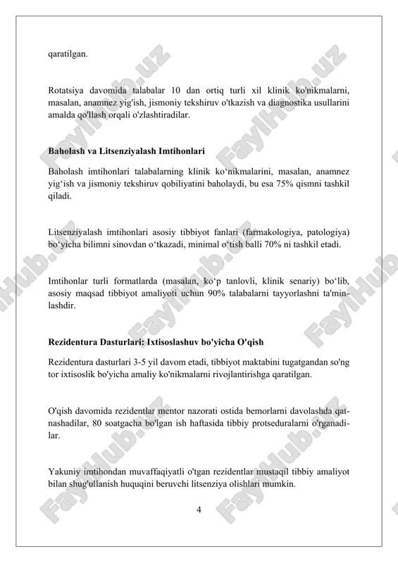 vazifalarni taqsimlash bemor natijalari uchun muhim. charchoq va stressni boshqarish charchoqni boshqarishda '7-8 soatlik' uyqu gigienasiga rioya qilish, kognitiv funksiyani yaxshilaydi va 'kortizol' gormoni darajasini pasaytiradi. stressni kamaytirish uchun 'diafragmal nafas' texnikasini qo'llash, kuniga '2-3 marta' '5 daqiqa'dan bajarish orqali asab tizimini tinchlantirish mumkin. muvozanatli ovqatlanish, ayniqsa 'b vitaminlari' va 'magniy'ga boy mahsulotlarni iste'mol qilish, energiya darajasini oshiradi va stressga chidamlilikni yaxshilaydi. davomiy tibbiy ta'lim (dtt) dtt shifokorlarga har 5 yilda malaka oshirish imkoniyatini beradi, bu jarayon ularning professional bilim va ko'nikmalarini doimiy ravishda yangilab turishga yordam beradi. dtt kurslari 36 soatdan kam bo'lmagan hajmni tashkil etadi va shifokorlarning mutaxassisligi bo'yicha eng so'nggi ilmiy yangiliklar va amaliyotlarni o'z ichiga oladi. davomiy tibbiy ta'lim tibbiyot xodimlarining litsenziyalarini saqlash va yangilash uchun zarur, ularga bemorlarga yuqori sifatli xizmat ko'rsatishga imkon beradi. kasbiy o'sish va karyera yo'llari rezidentura dasturlari, 3-7 yil davomida ixtisoslik bo'yicha chuqur bilim va ko'nikmalarni shakllantirib, litsenziyaga tayyorlaydi va tibbiy …