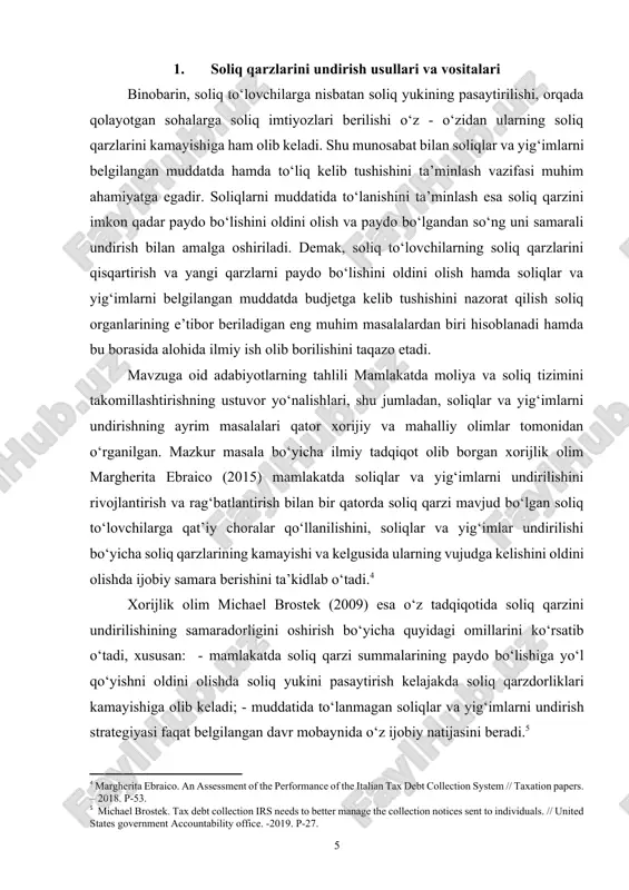 h strategiyasi faqat belgilangan davr mobaynida o‘z ijobiy natijasini beradi.[footnoteref:5] [5: michael brostek. tax debt collection irs needs to better manage the collection notices sent to individuals. // united states government accountability office. -2019. p-27.] bu borada rus tadqiqotchilari, s.n. alixin va d.a. levachevalar (2018) o‘zlarining ilmiy tadqiqotlarida soliq qarzini undirish mexanizmining nazariy asoslarini keltirib o‘tishgan. unga ko‘ra, ular soliq qarzini undirish soliq bazasini kengaytirish bilan birgalikda uni soliq to‘lovchidan undirish murakkabligini ta’kidlab, bu jarayonga alohida yondashuvni inobatga olgan holda soliq qarzi mavjud bo‘lgan tadbirkorlik subyektlarining moliyaviy holatidan kelib chiqib undirish mexanizmni ishlab chiqish kerakligini ta’kidlashgan.[footnoteref:6] [6: alixin s.n., levacheva d.a. evolyutsiya mexanizma prinuditelnogo vziskaniya zadoljennosti pered byudjetom. // nalogi. – 2018 g. –s.28.] bundan tashqari, i.g. vinoxodova ham o‘zining ilmiy ishida soliq qarzlarini undirishda soliq qarzi mavjud xo‘jalik yurituvchi subyektlardan mol-mulklarini xatlash jarayonini ko‘paytirish samarali natija berishini aytib o‘tadi.[footnoteref:7] [7: vinoxodova i.g. sovershenstvovanie praktiki vziskaniya zadoljennosti organizatsiy nalogam i …