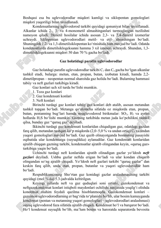 z uchun xom ashyo. siqilgan gaz olinadi, ya’ni sovutuvchi; - izobutan – sintetik kauchuk sanoati va alkillash uchun xom ashyo; - n-butan – piroliz uchun xom ashyo, sintetik kauchuk sanoati maishiy siqilgan gaz komponenti; - izopentan – izopren kauchuk sanoati va yuqori oktanli benzin komponenti uchun xom ashyo; - n-pentan – etil spirt olish, piroliz va izomerlash jarayonlari uchun xom ashyo. o‘zbekiston g‘arbida, rossiyaning tyumen viloyati shimolida katta gaz koni qidirib topildi. komi respublikasi sharqida, orenburg viloyati, saxalin respublikasi, shimoliy kavkaz, kasbiy oldi, dnepraveko–donsh kengliklari, turkmaniston sharqi va shimolida gazni katta konlari aniqlandi. topilgan gaz zahiralarini 87% sibir va o‘rta osiyo tumanlarida joylashgan, uni iste’molchilarga yetkazib berish uchun 2,5-4,0 ming kilometr uzunlikdagi gaz magistralini qurish zaruriyati kelib chiqdi. gaz-kondensat konlaridagi gazlar katta miqdorda metan saqlaydi, shuningdek tarkibiga benzin, kerosin kiruvchi yuqori molekulali uglevodorodlarni, gohida dizel fraksiyasini ko‘proq saqlaydi. keyingi yillarda qidirilgan va foydalanishga topshirilgan gaz konlari ko‘pchiligi gaz-kondensat turiga kiradi. …
