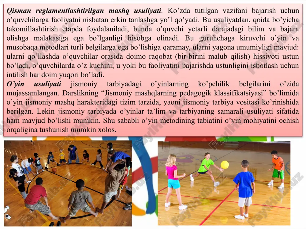 glamentlashni; 3) yuklamalarni bo’laklari (qismlari) oralig’idagi dam olish intervalini aniq me’yorlashni; 4) jismoniy sifatlarni tanlab tarbiyalashni; 5) turli yoshdagi kontingent bilan mashg’ulotlarda jismoniy mashqlardan foydalanishni; 6) jismoniy mashqlar texnikasini samarali o’zlashtirishni; 7) tanlangan harakat aktining (faoliyatining) sur’ati (tempi), ritmi, amplitudasi, harakat fazalarini o’zgarishsiz, berilgan ketma-ketlikda bajarishni reglamentlashtirishni o’z ichiga oladi. ta’lim va tarbiya amaliyotida mashqlarni qat’iyan reglamentlashtirshi metodlari ikki hildagi kichik guruhlarga ajratiladi (a.p.matveev, sb. melnikov 1991). ular: harakat faoliyatlarini o’qitish metodlari; 2) jismoniy sifatlarni rivojlantirish metodlari. ularning tarkibida mashqlar qat’iyan va qisman reglamentlashtiriladi. mashqlarni kat’iyan reglamentlashtirish metodlari harakat shaklini, nagruzkalarning kattaligini, uni ortishini, dam olish bilan ish bajarishni to’g’ri navbatlashuvi va boshqalarni reglamentlashtirish orqali harakat faoliyatini ko’p 178 marotabalab takrorlashlar bilan amalga oshiriladi. o’z navbatida bu bilan harakatlarni alohida tanlab, ulardan zarur bo’lgan reglamentdagi harakat faoliyati (takrorlanishi lozim bo’lgan mashq)ni tuzishga imkoniyat ham yaratiladi. qisman reglamentlashtirish metodi o’z mazmuniga bajariladigan harakat faoliyati tarkibidan uning lozim bo’lgan bo’lagini oldindan rejalashtirilgan …