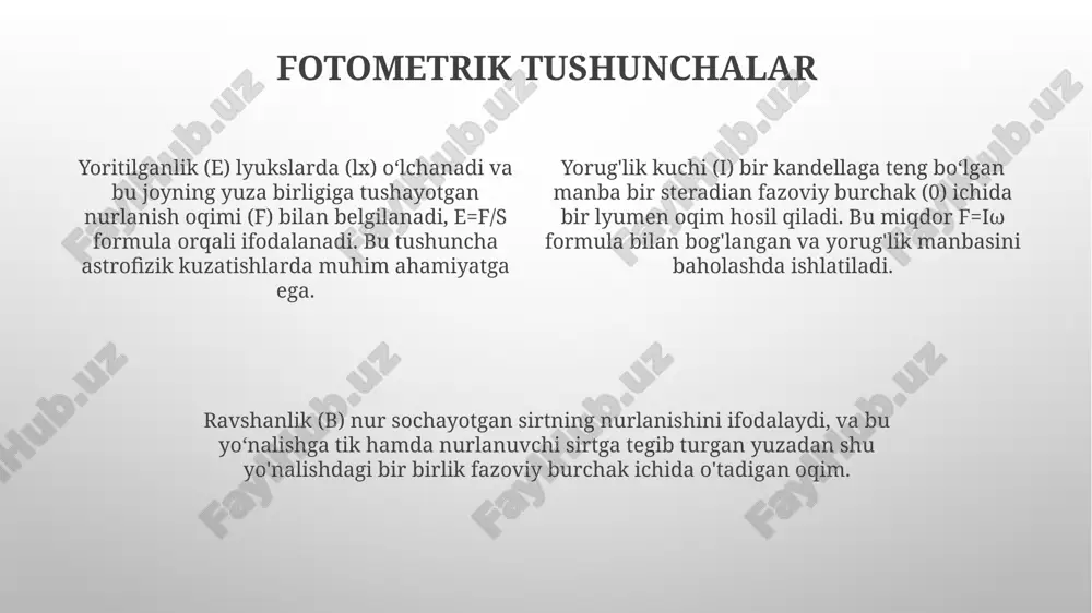 l qiladigan 137000 lyuks yoritilganlikka mos keladi, bu yer sirtida qo'llaniladigan amaliy yoritilganlik o'lchovlari uchun juda katta. absolut yulduz kattaligi (m) yoritqichning 10 parsek uzoqlikdagi yorqinligini ifodalaydi va u yoritqichning yorug'lik kuchini (l) va quyoshning yorqinligini solishtirish uchun ishlatiladi. yoritilganlik va yulduz kattaligi orasidagi bog'lanish logarifmik ko'rinishga ega va u veber-fexnerning psixo-fizik qonuniga asoslangan, bu ko'zning sezishini yoritilganlikning nisbiy o'zgarishi bilan bog'laydi. yorug'likning mexanik ekvivalenti astrofizikada maʼlum spektral oraliqdagi yulduz yorugʻligini baholashda yorugʻlikning mexanik ekvivalentidan foydalanish, yulduzning quvvati haqida maʼlumot olishga yordam beradi. "yorugʻlikning mexanik ekvivalenti" 555 nm yashil rangdagi 1 lyumen oqimga 0,00147 vatt quvvat mos kelishini koʻrsatadi. bu qiymat har xil rangdagi nurlar uchun oʻzgaradi. energiyani toʻlqin uzunligiga bogʻliq holda hisoblash uchun f=1/ao integralidan foydalanamiz, bu yerda ao=0,00147 vt/lm yorugʻlikning mexanik ekvivalenti sifatida olinadi. sirt yorug'ligi (ravshanlik) sirt yorugʻligi (ravshanlik) stilb (sb) birliklarida oʻlchanadi va yuzadan chiqadigan yorugʻlik kuchini ifodalaydi. u kosinus qonuniga boʻysunadi va turli yoʻnalishlarda turlicha …